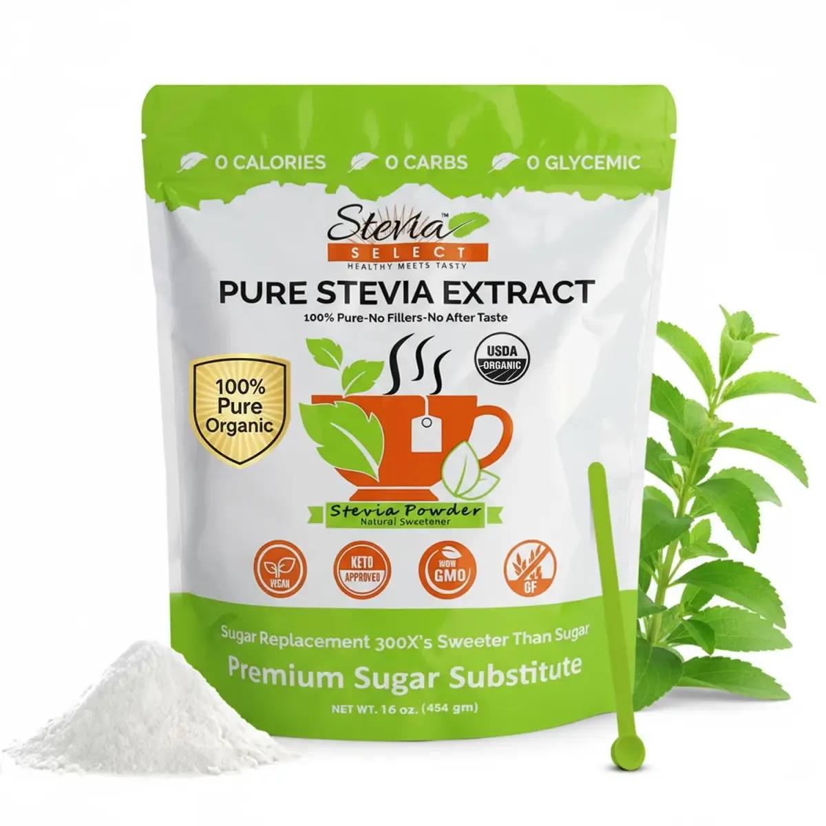 Stevia Select Organic Stevia Powder Sugar Free Plant Based Stevia Sweetener 454g (16 Oz) | Pure Stevia Extract No Additives Zero Calorie - main product image