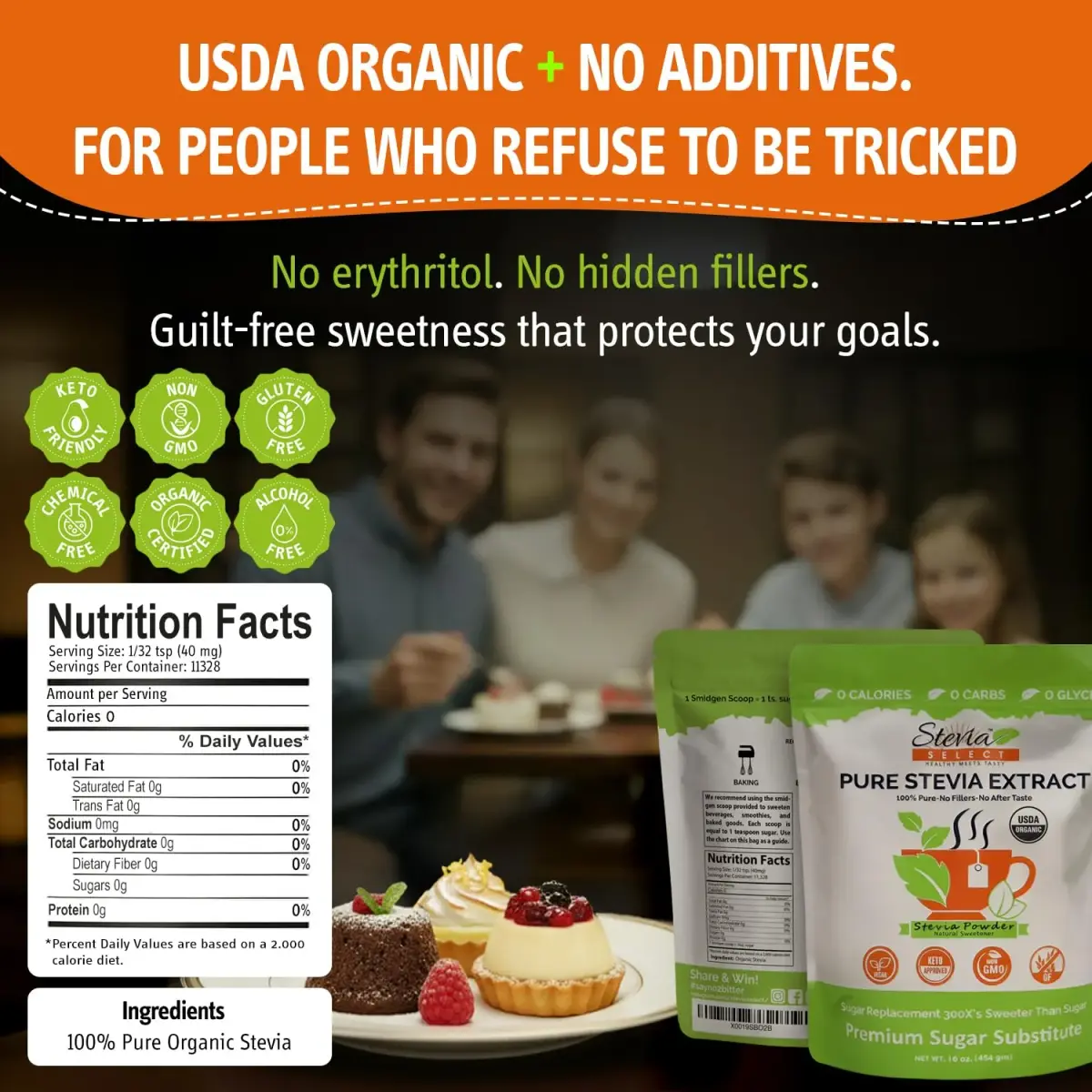 Stevia Select Organic Stevia Powder Sugar Free Plant Based Stevia Sweetener 454g (16 Oz) | Pure Stevia Extract No Additives Zero Calorie - view 2