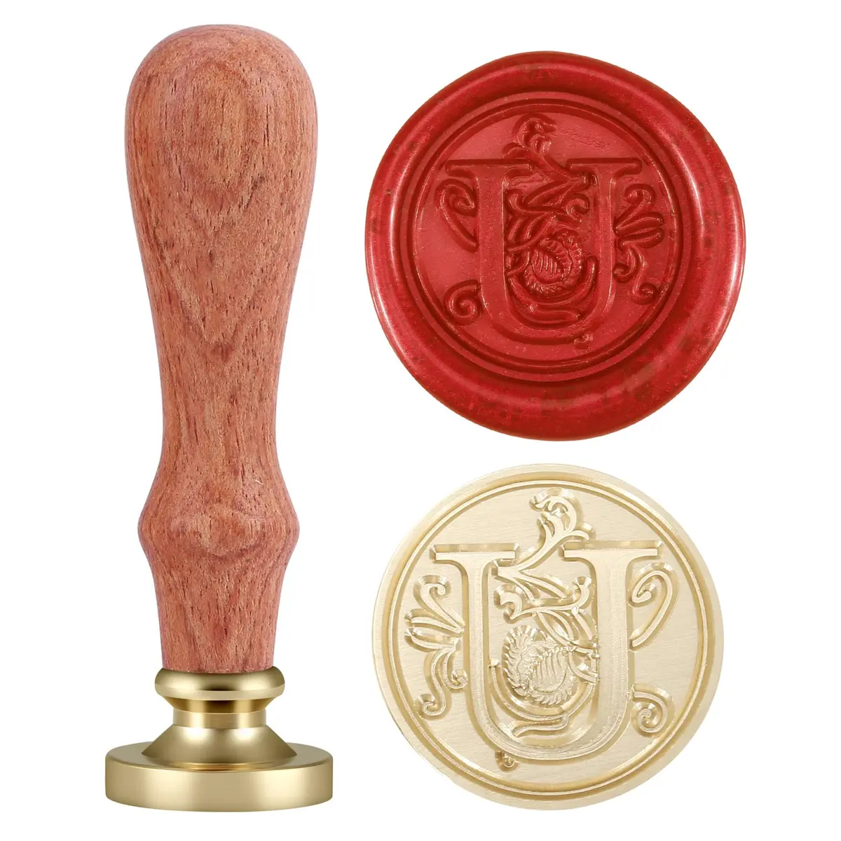 Yoption Initial Alphabet Wax Seal Stamp 'U' with Brass Head & Rosewood Handle | 2.5cm (1 inch) Diameter - main product image