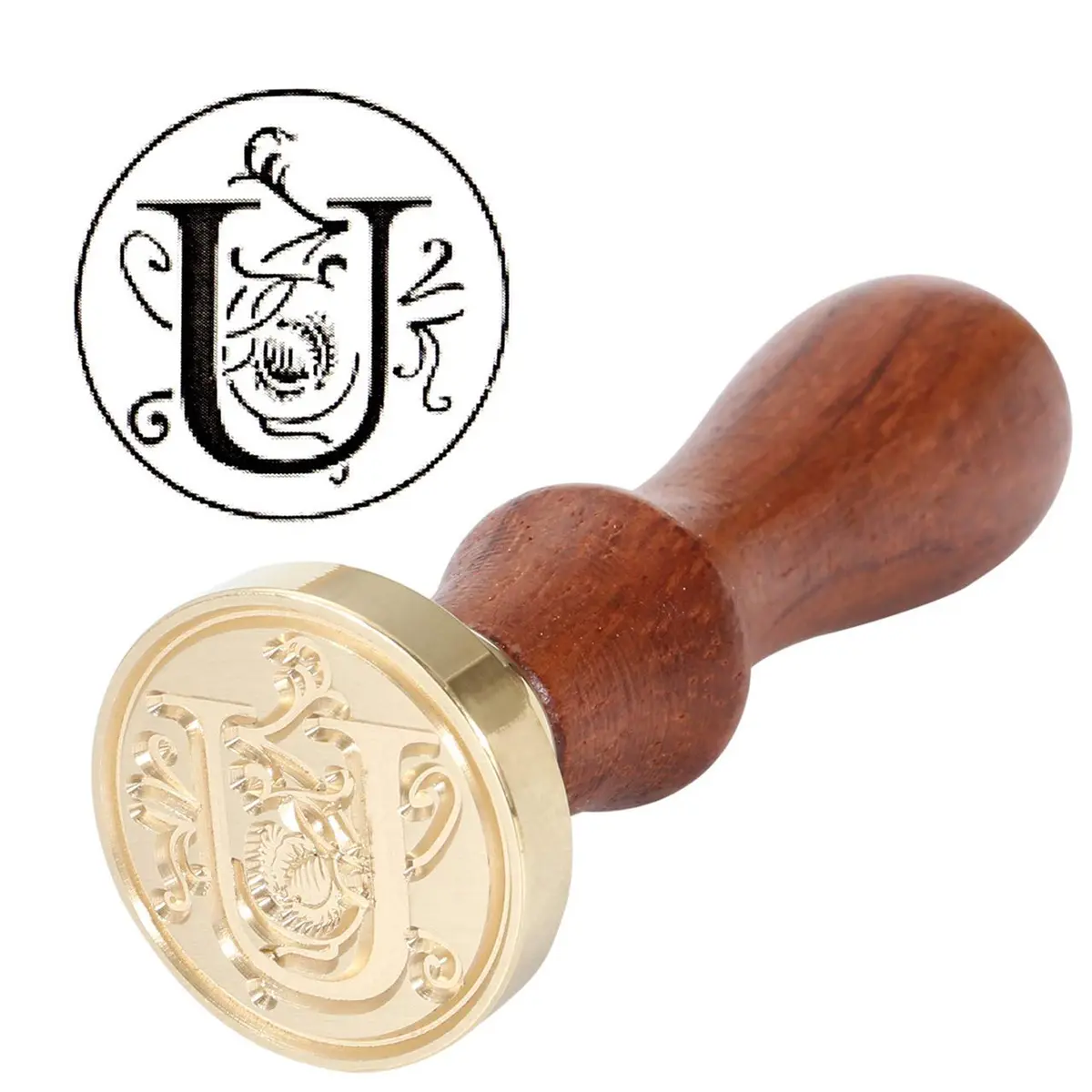 Yoption Initial Alphabet Wax Seal Stamp 'U' with Brass Head & Rosewood Handle | 2.5cm (1 inch) Diameter - view 4