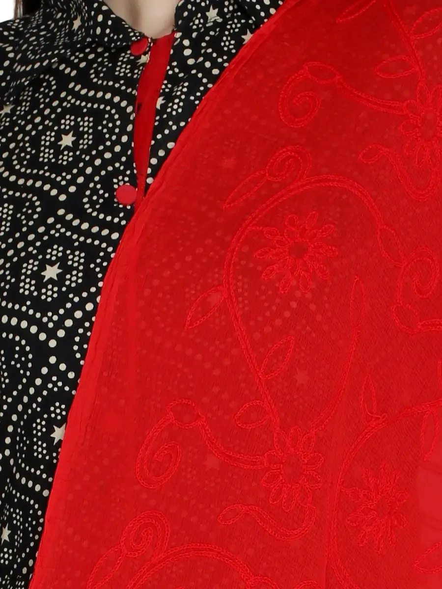 DUPATTA BAZAAR Red Embroidered Chiffon Dupatta 93x42 inch (236x107 cm) | Authentic Indian Style - view 6