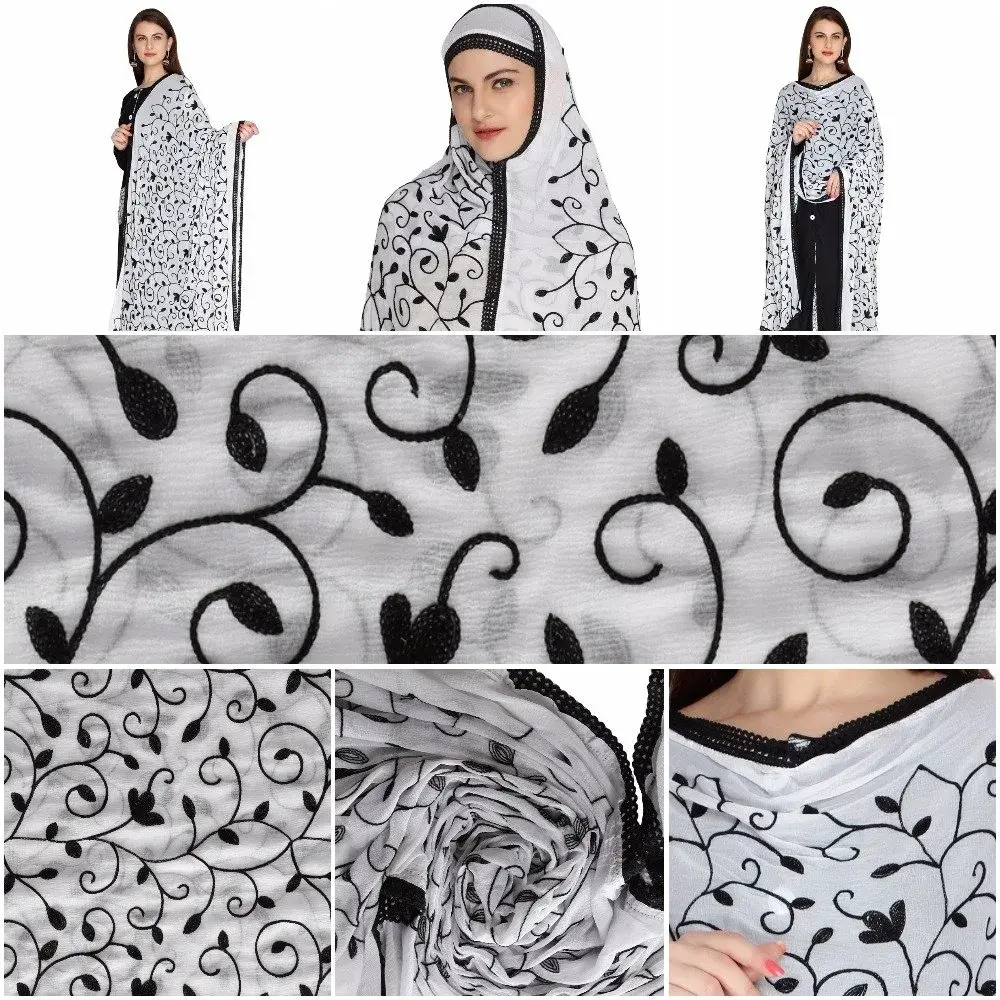Dupatta Bazaar Embroidered Chiffon Dupatta with Lace Border, 97cm x 236cm (38" x 93") | White on Black Floral Aari Work - view 7