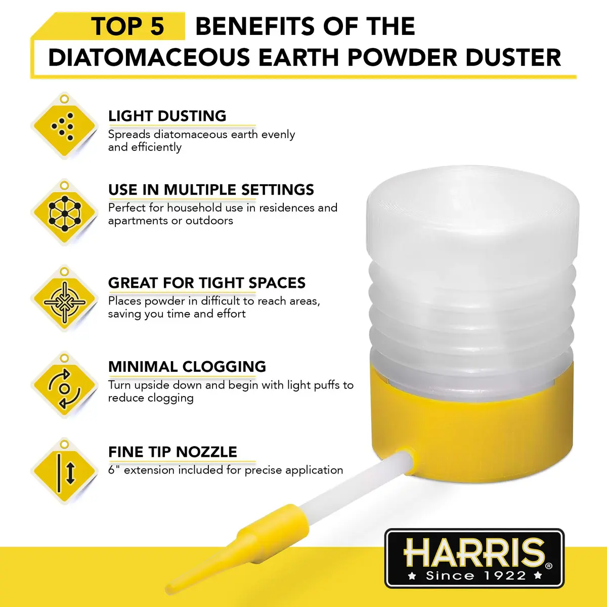 HARRIS Diatomaceous Earth Powder Duster with 6 Inch Extension Nozzle | Lightweight, Extendable Handle - view 3