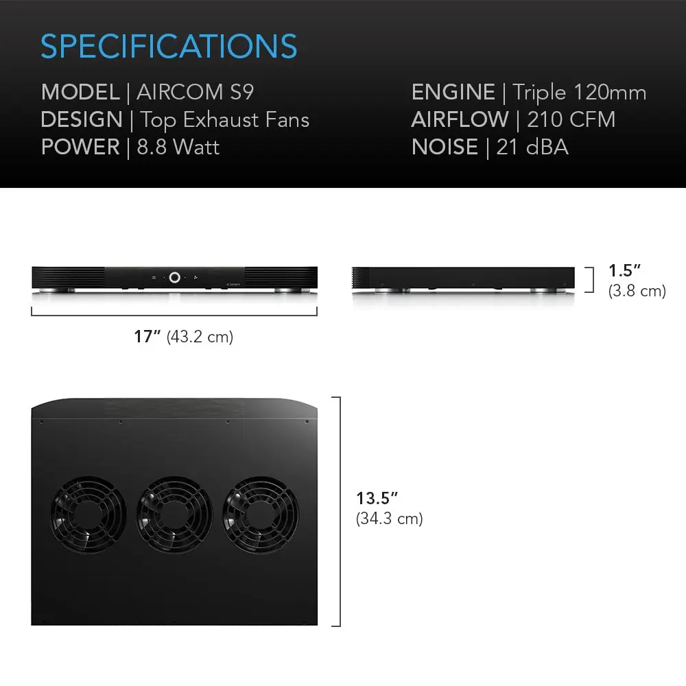 AC Infinity AIRCOM S9 Quiet Cooling Fan System 17" Top-Exhaust 210 CFM (43.2 cm) | Protects AV Components from Overheating - view 6
