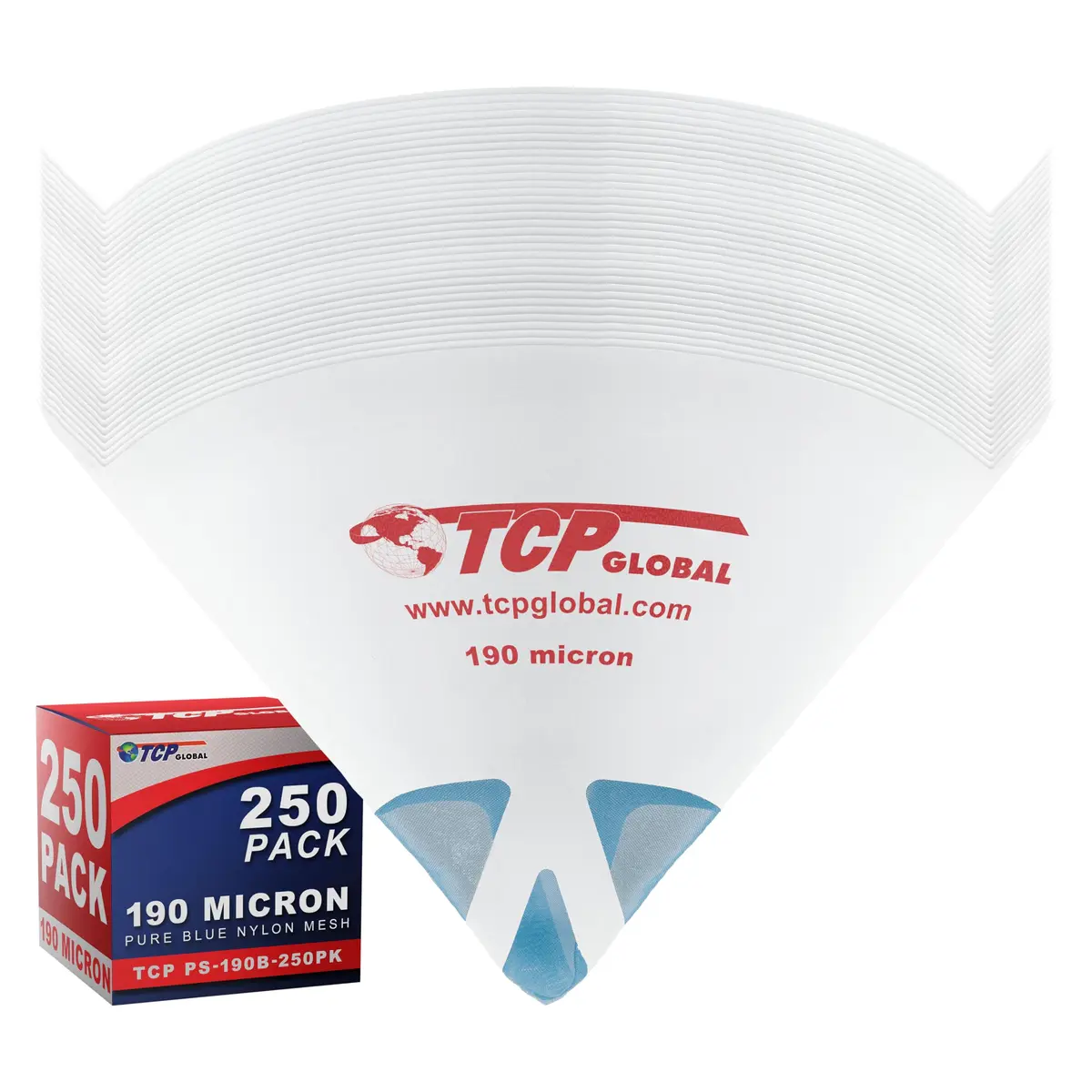 TCP Global 190 Micron Filter Tips Paint Strainer 250 Pack | Ultra-Fine Filtration for Flawless Finishes - main product image