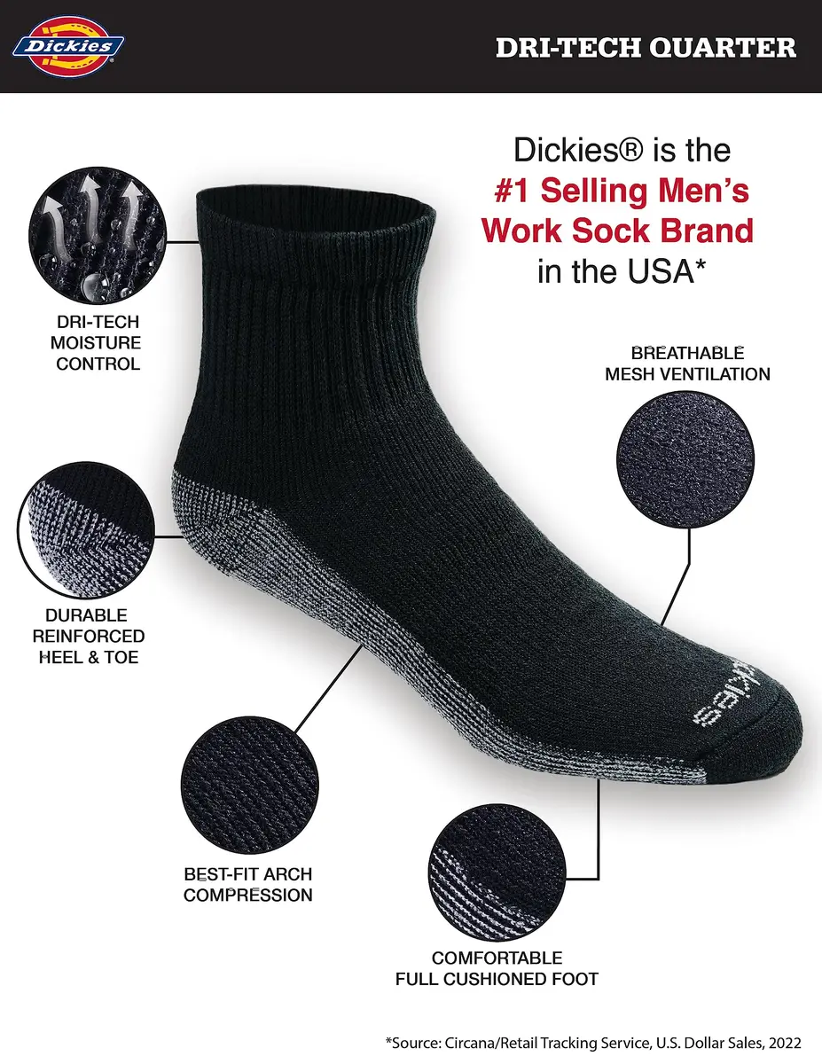Dickies Dri-Tech Moisture Control Quarter Socks Large | Moisture-wicking, full cushion comfort, reinforced heel & toe (70-120 chars) - view 4
