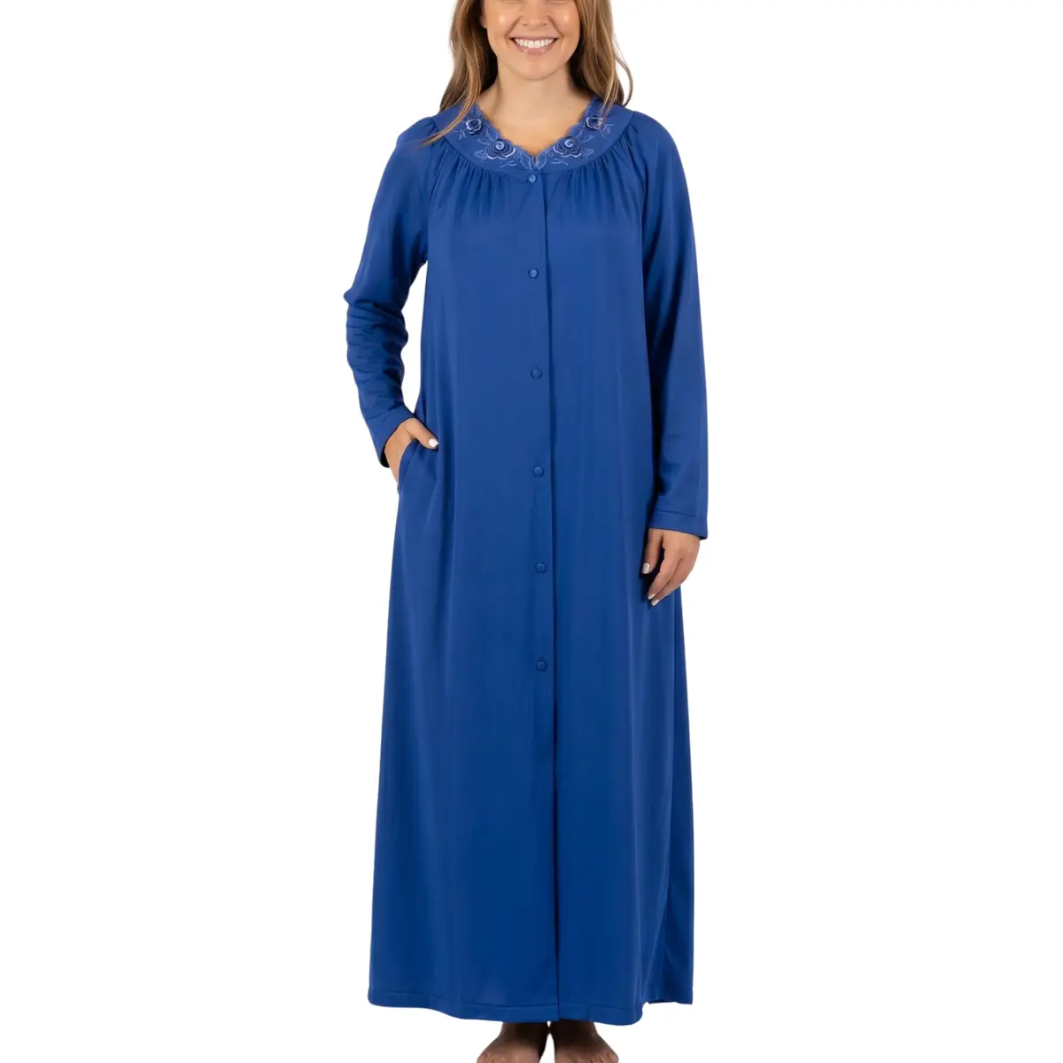 Shadowline Women's Petals Long Sleeve Full Length Button Front Housecoat, Navy, 1X | Elegant, Full-Length Sleepwear for Women - main product image