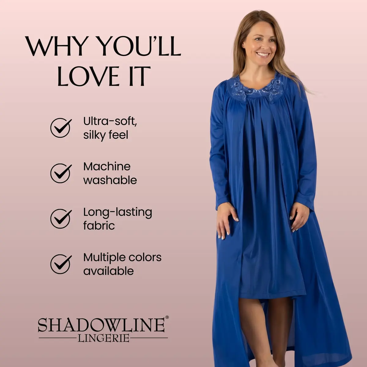 Shadowline Women's Petals Long Sleeve Full Length Button Front Housecoat, Navy, 1X | Elegant, Full-Length Sleepwear for Women - view 9