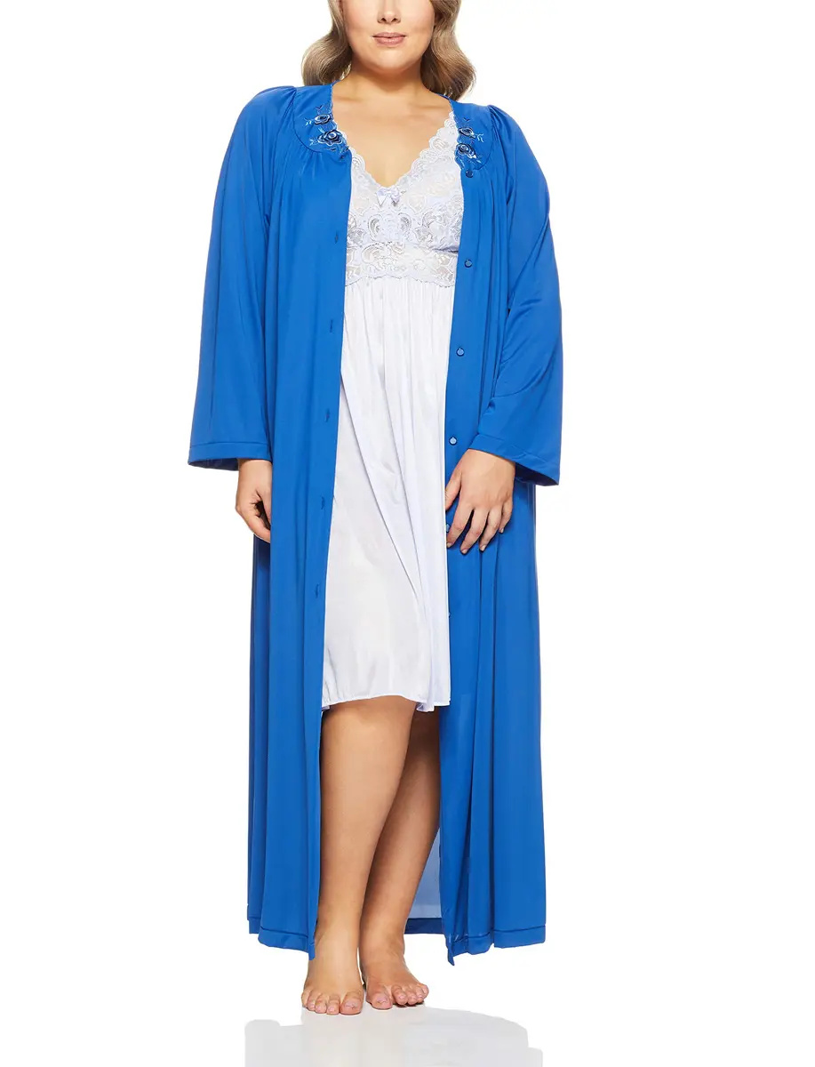 Shadowline Women's Petals Long Sleeve Full Length Button Front Housecoat, Navy, 1X | Elegant, Full-Length Sleepwear for Women - view 2