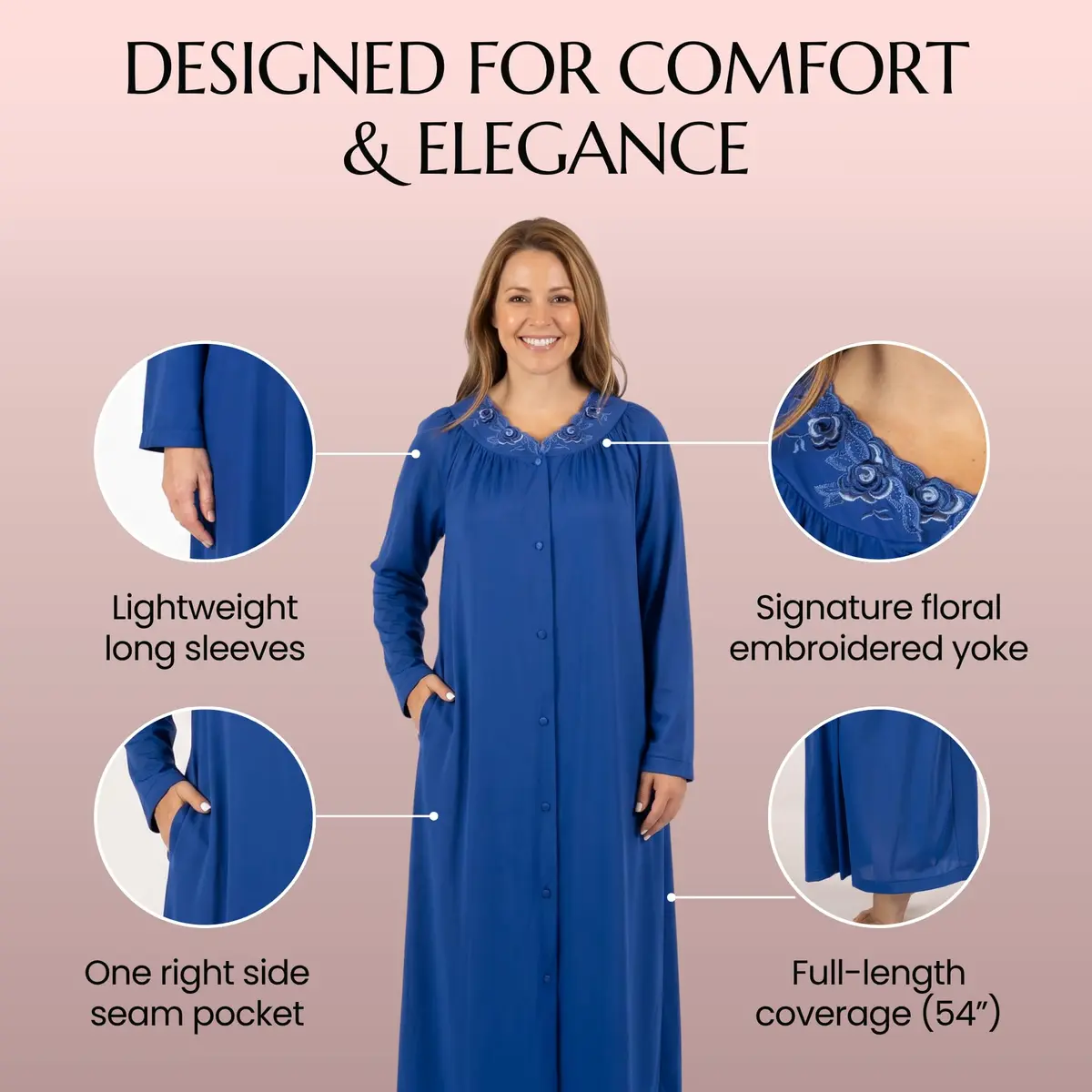 Shadowline Women's Petals Long Sleeve Full Length Button Front Housecoat, Navy, 1X | Elegant, Full-Length Sleepwear for Women - view 4