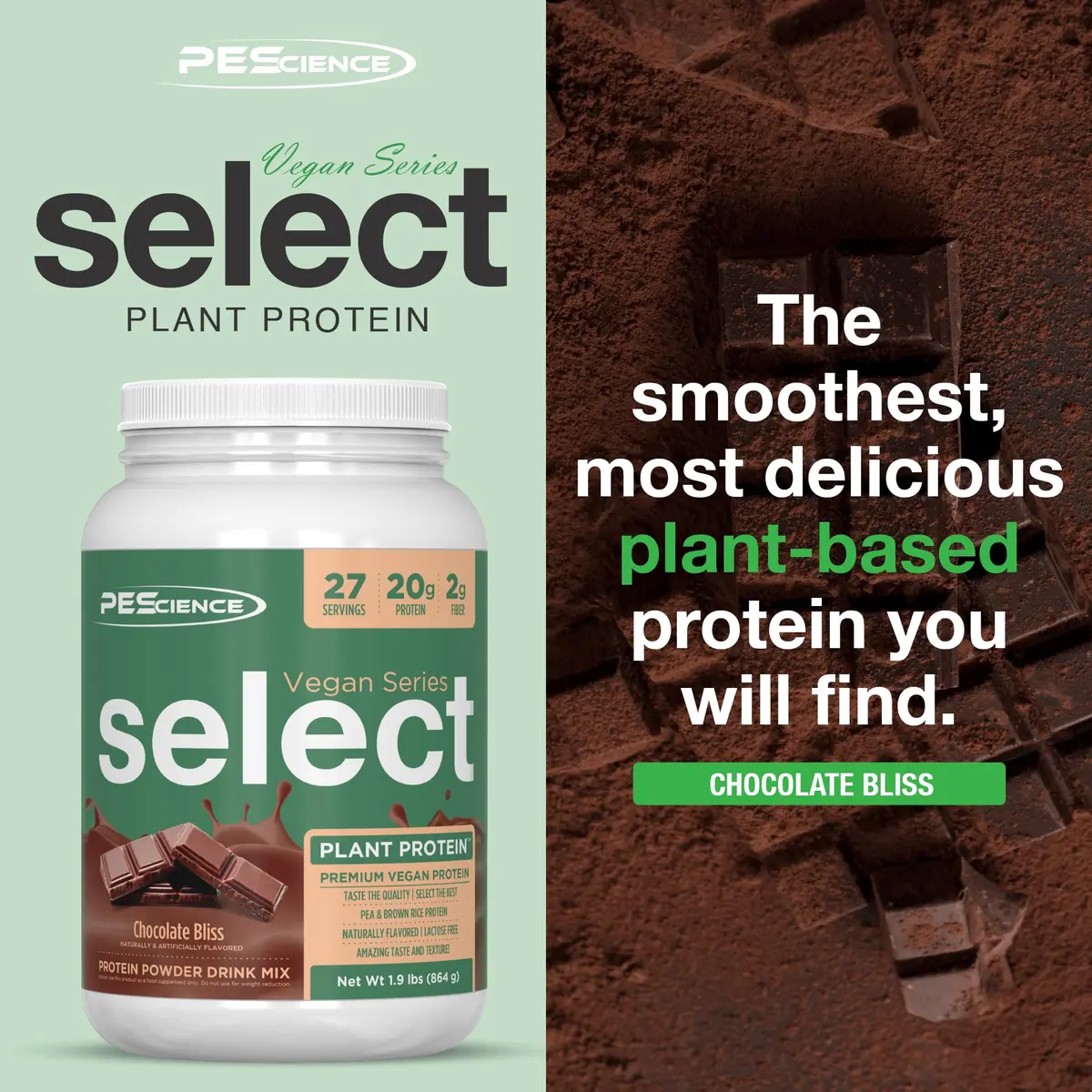 PEScience Select Vegan Protein Powder, Chocolate Bliss, 27 Servings | Plant-Based Muscle Support - view 3