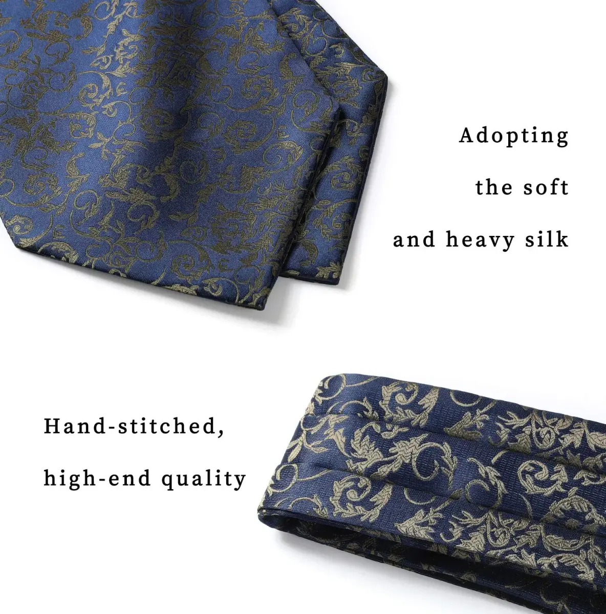 HISDERN Men's Navy Blue Floral Ascot Tie & Pocket Square Set | 126cm (49.6") Length - view 4