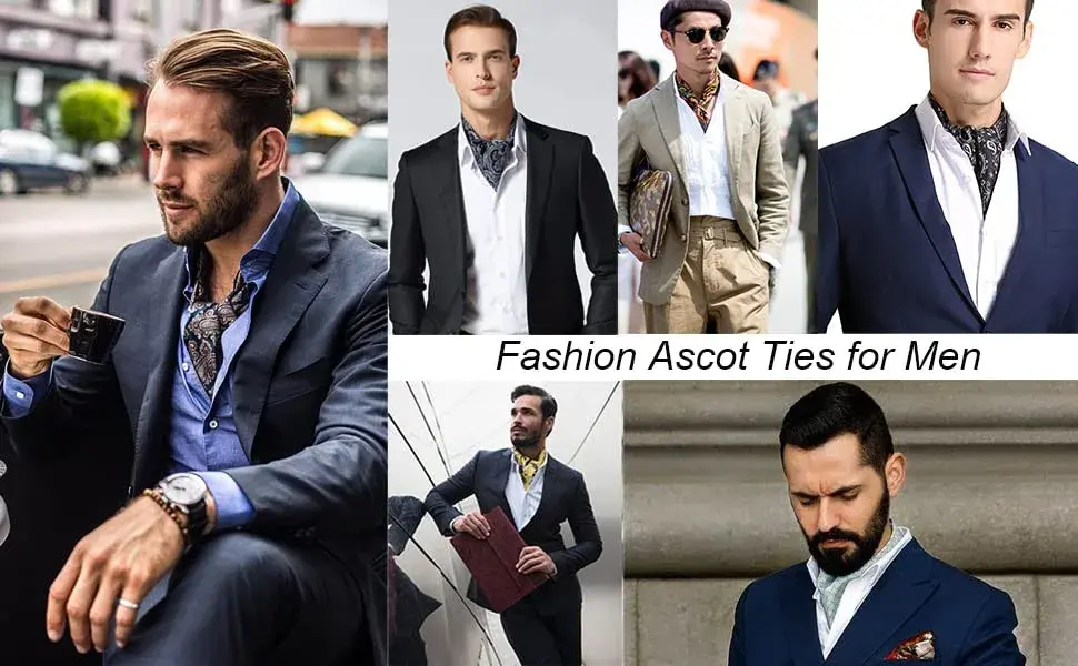 HISDERN Men's Navy Blue Floral Ascot Tie & Pocket Square Set | 126cm (49.6") Length - view 5
