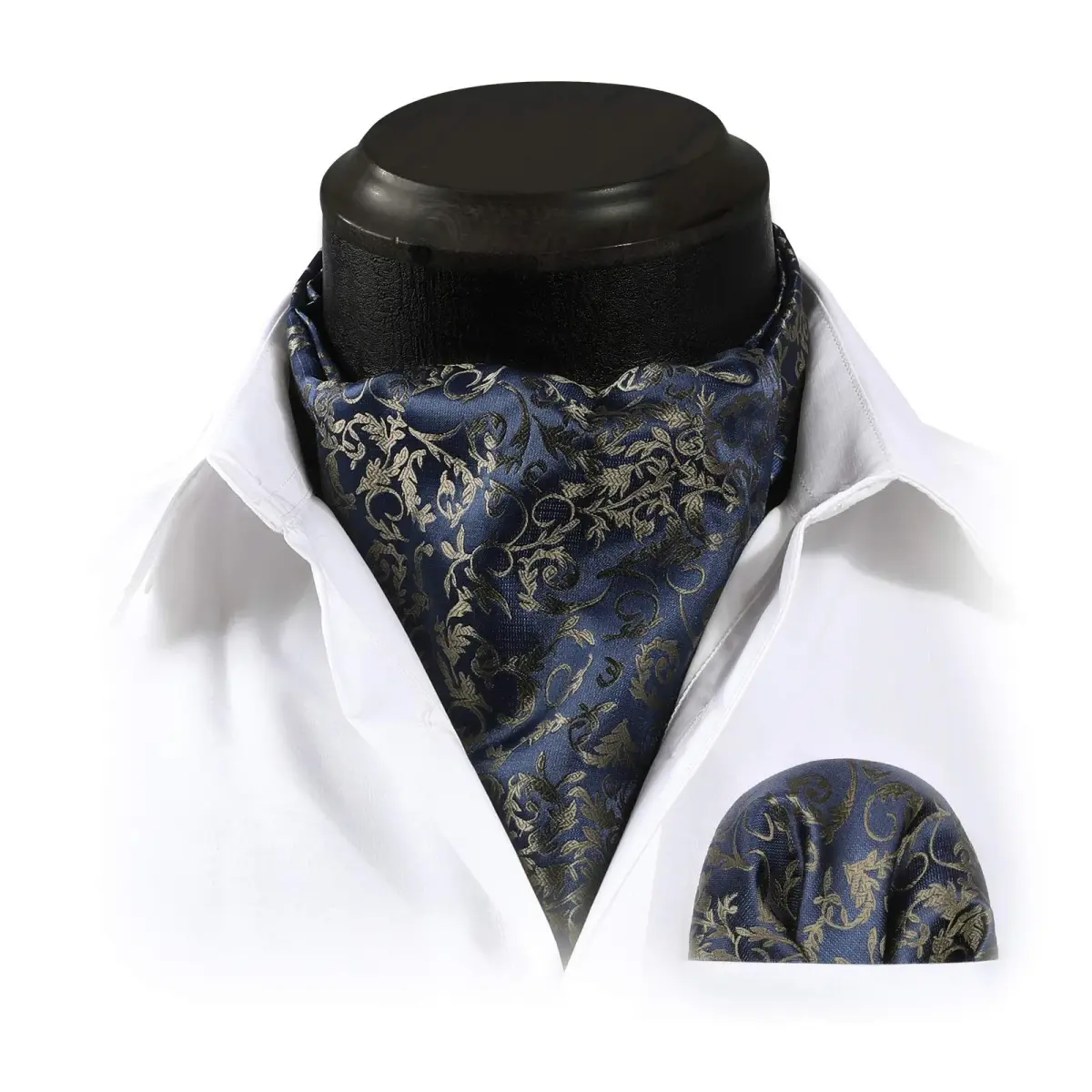 HISDERN Men's Navy Blue Floral Ascot Tie & Pocket Square Set | 126cm (49.6") Length - view 2