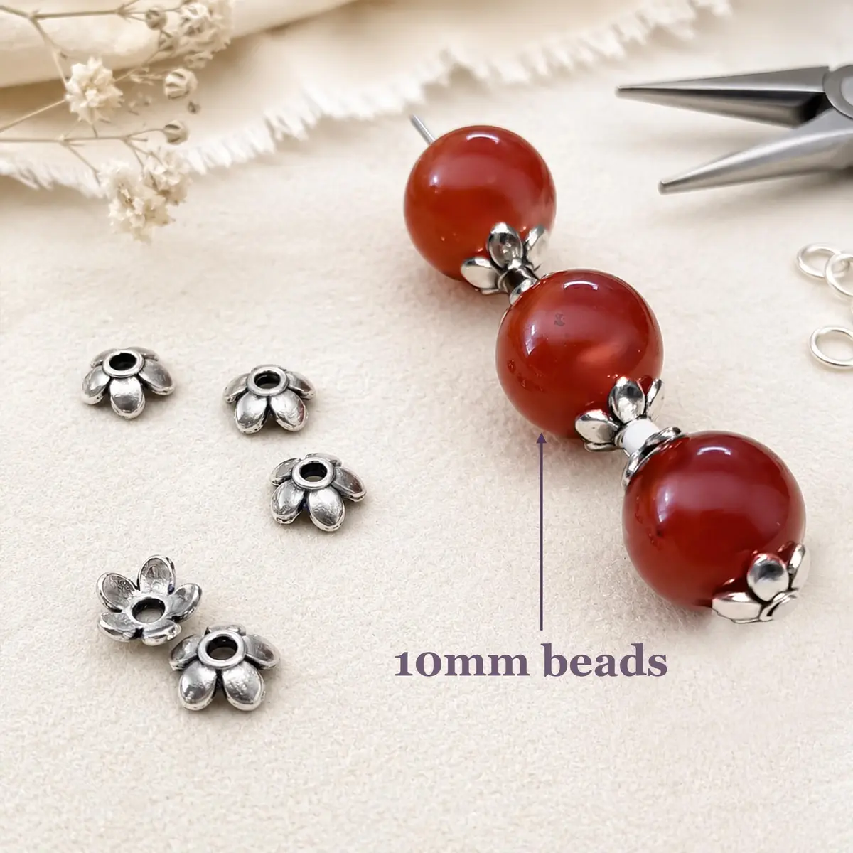 Heather's cf Silver Petal Bead Caps for Jewelry Making 6mm | Vintage Tibetan Spacer - view 2