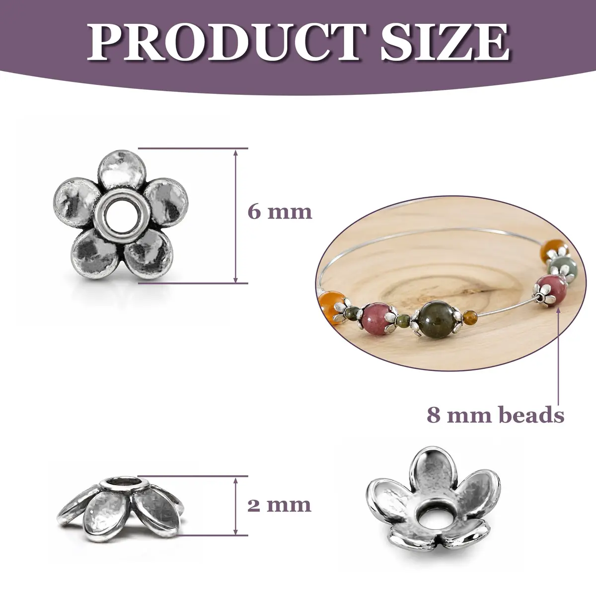 Heather's cf Silver Petal Bead Caps for Jewelry Making 6mm | Vintage Tibetan Spacer - view 3