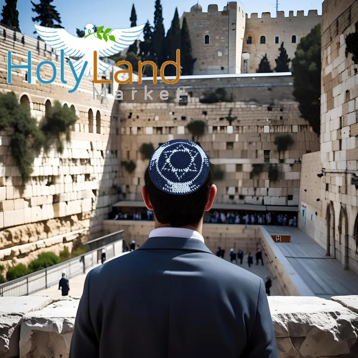Holy Land Market Dark Blue/White with Star of David 17cm | Knitted Cotton Kippah for Jewish Men - view 2