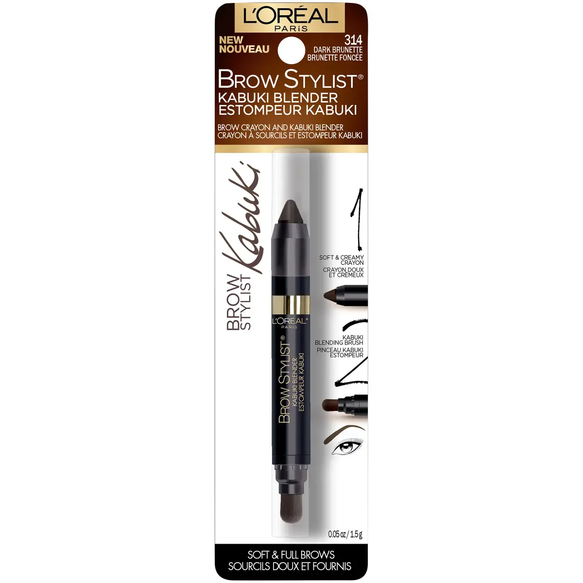 L'Oreal Paris Brow Stylist Kabuki Blender Brow Crayon, Dark Brunette, 0.05 oz (1.42 g) | Soft Creamy Crayon with Kabuki Brush - view 2