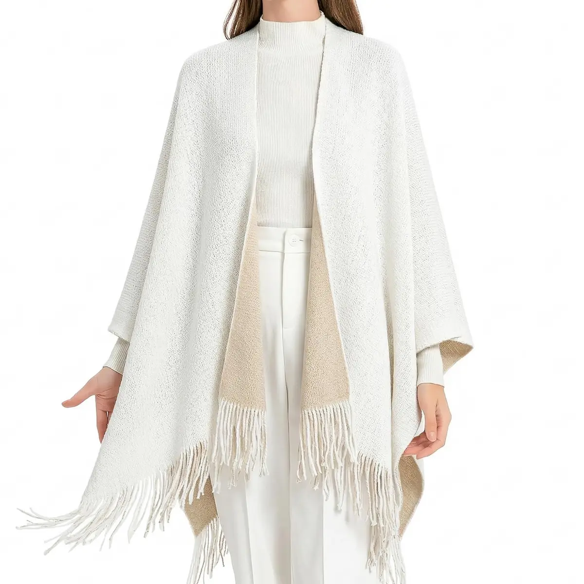 ZLYC Reversible Knit Cardigan Fringe Shawl Blanket Wrap, White | Casual, Warm, Reversible - main product image