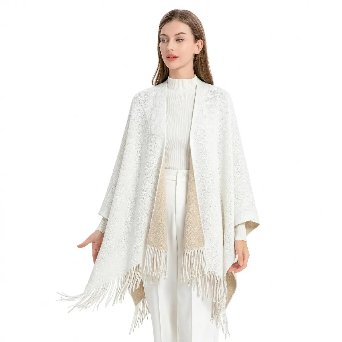 ZLYC Reversible Knit Cardigan Fringe Shawl Blanket Wrap, White | Casual, Warm, Reversible - view 2