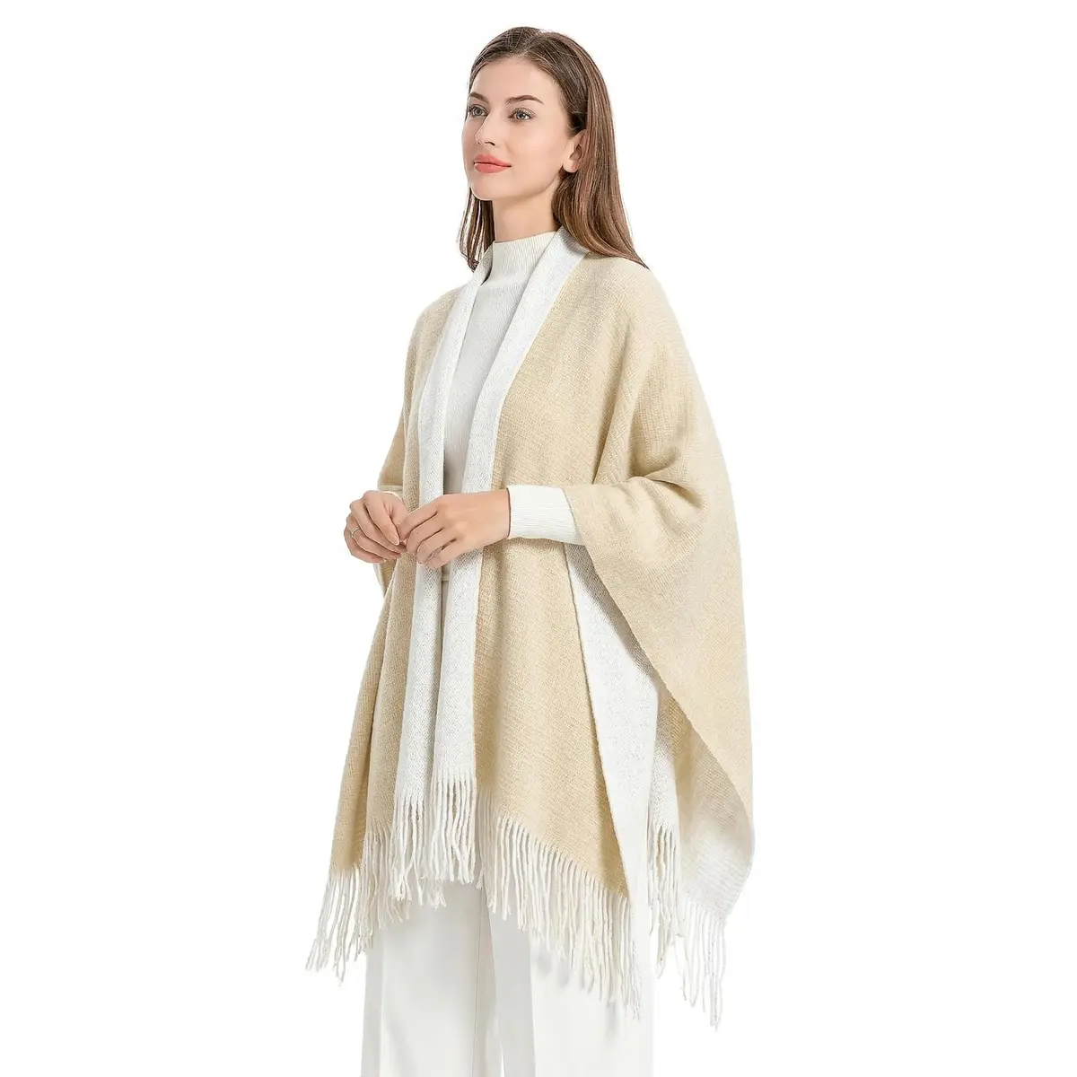 ZLYC Reversible Knit Cardigan Fringe Shawl Blanket Wrap, White | Casual, Warm, Reversible - view 3