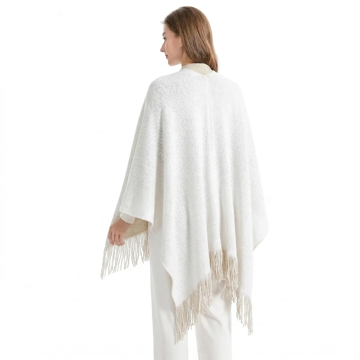 ZLYC Reversible Knit Cardigan Fringe Shawl Blanket Wrap, White | Casual, Warm, Reversible - view 4