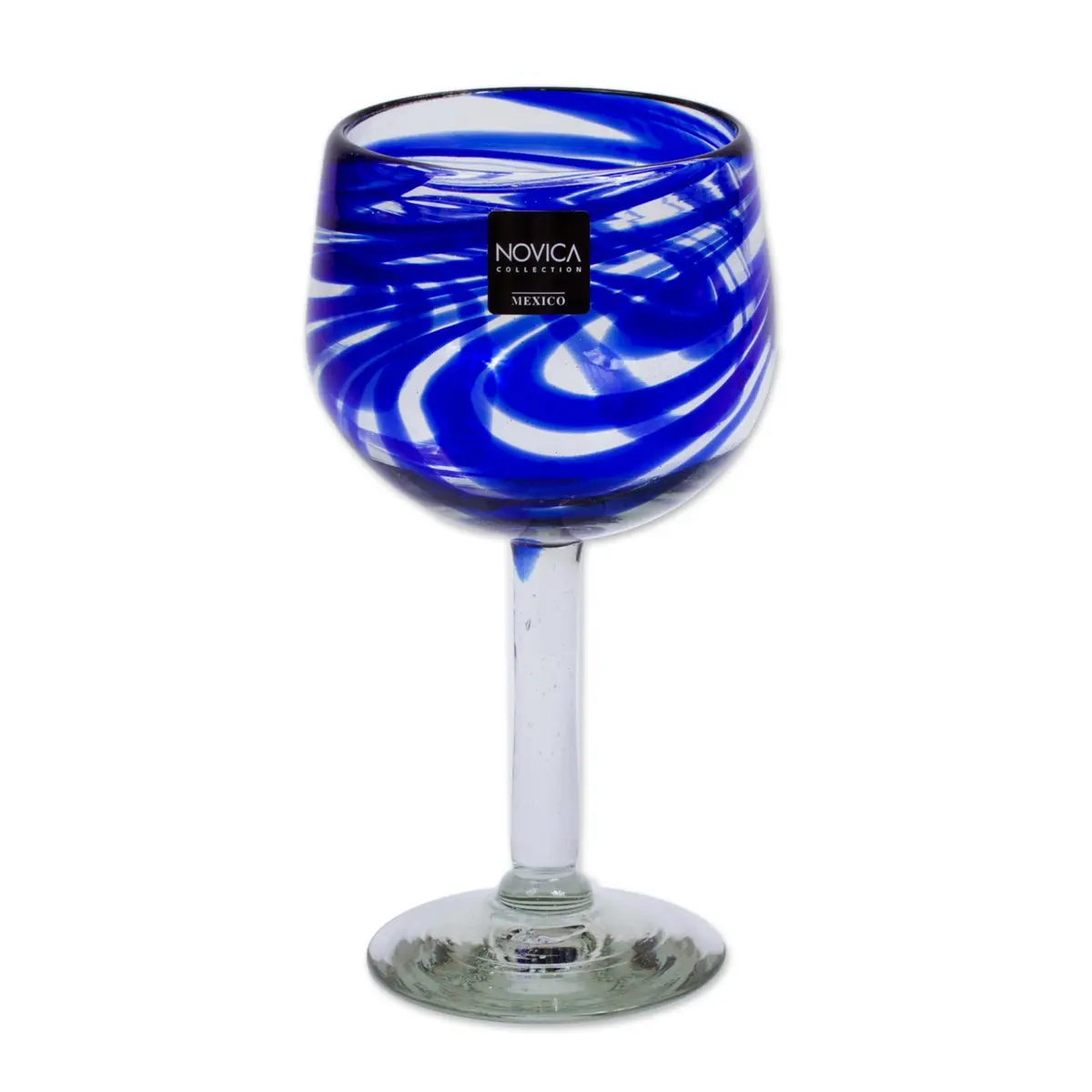 NOVICA Hand Blown Blue Swirl Recycled Glass Wine Glasses,11 Oz 'Blue Ribbon' (Large, Set Of 6) | Unique Mexican Craftsmanship - main product image