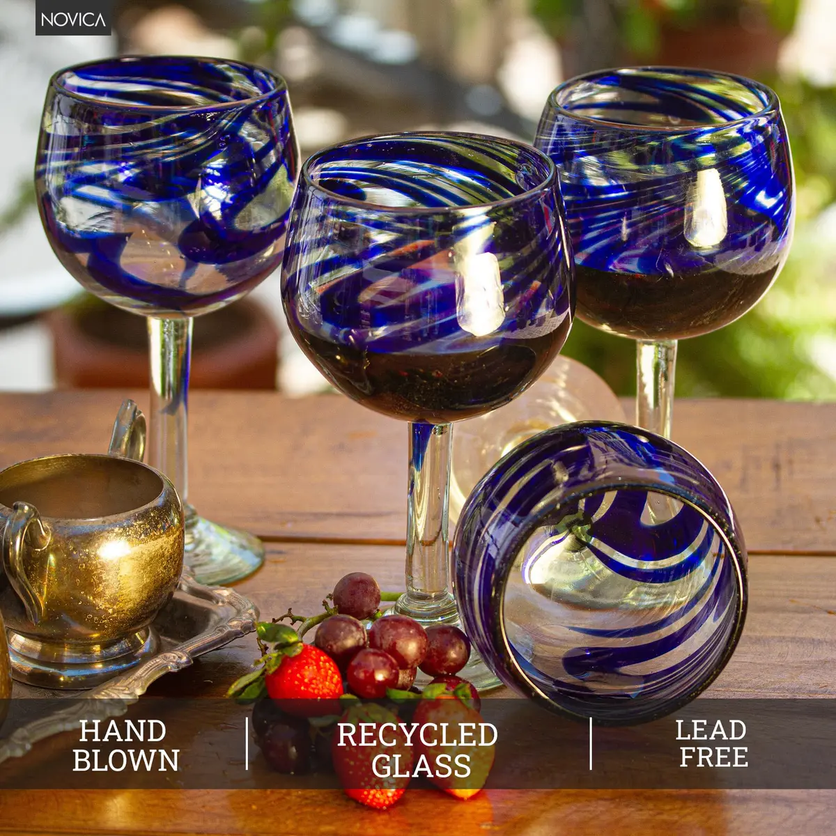 NOVICA Hand Blown Blue Swirl Recycled Glass Wine Glasses,11 Oz 'Blue Ribbon' (Large, Set Of 6) | Unique Mexican Craftsmanship - view 5