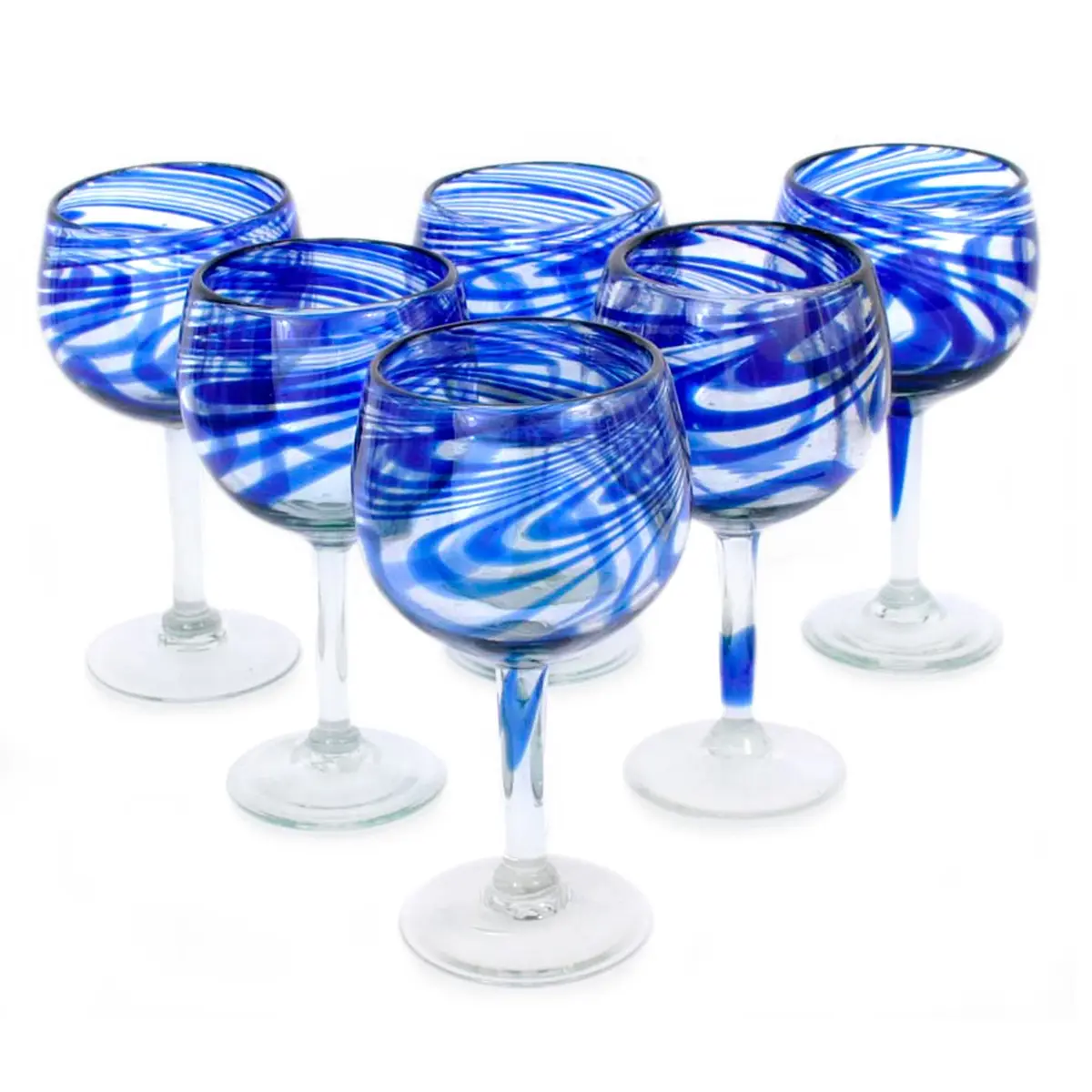 NOVICA Hand Blown Blue Swirl Recycled Glass Wine Glasses,11 Oz 'Blue Ribbon' (Large, Set Of 6) | Unique Mexican Craftsmanship - view 6