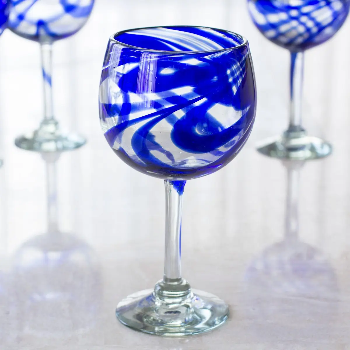 NOVICA Hand Blown Blue Swirl Recycled Glass Wine Glasses,11 Oz 'Blue Ribbon' (Large, Set Of 6) | Unique Mexican Craftsmanship - view 7
