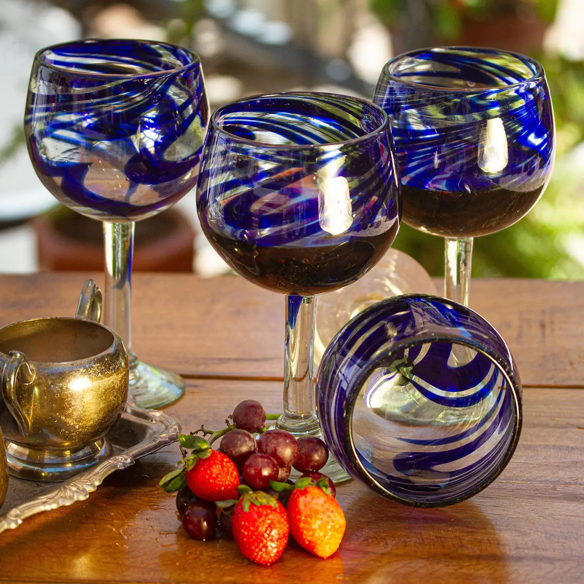 NOVICA Hand Blown Blue Swirl Recycled Glass Wine Glasses,11 Oz 'Blue Ribbon' (Large, Set Of 6) | Unique Mexican Craftsmanship - view 2