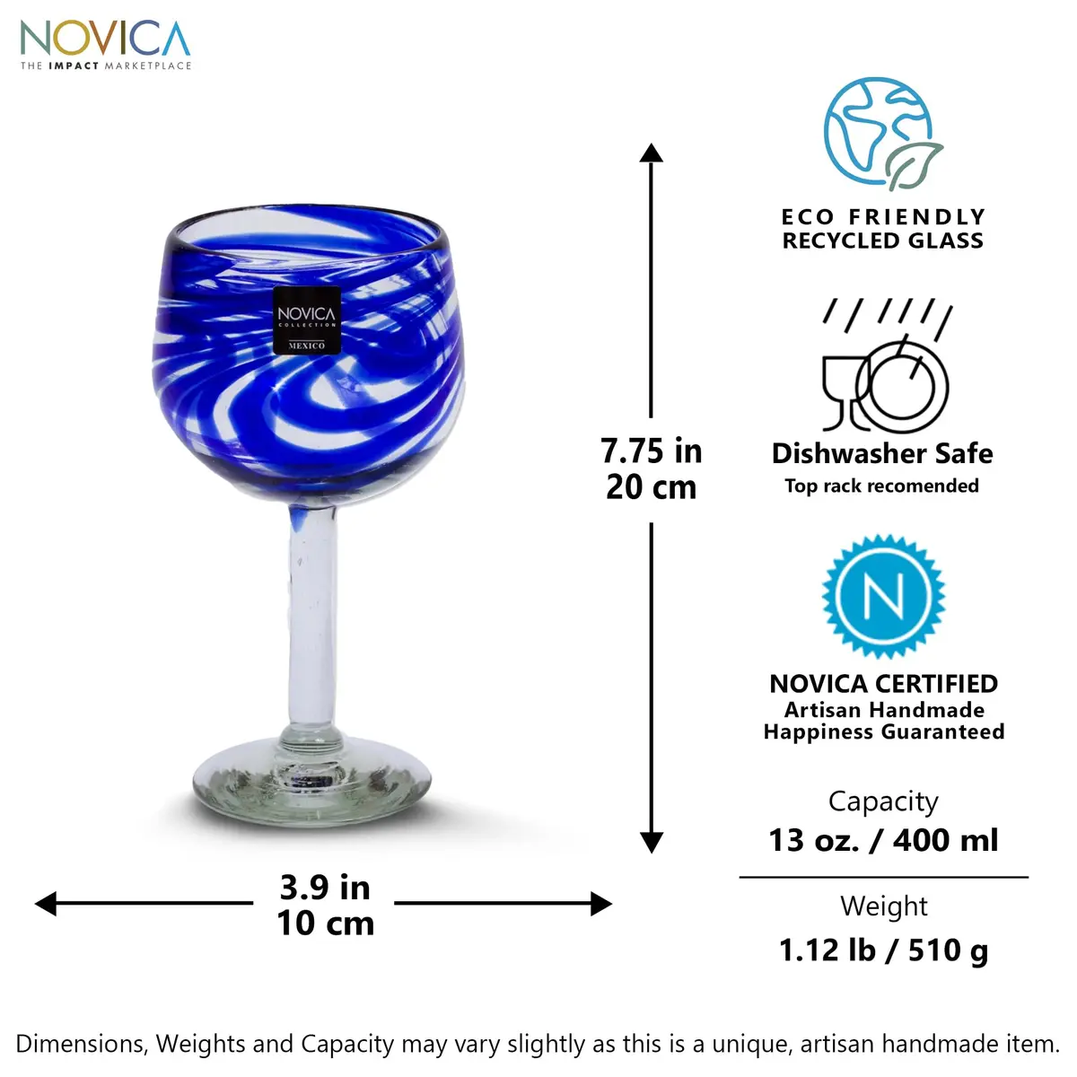 NOVICA Hand Blown Blue Swirl Recycled Glass Wine Glasses,11 Oz 'Blue Ribbon' (Large, Set Of 6) | Unique Mexican Craftsmanship - view 3
