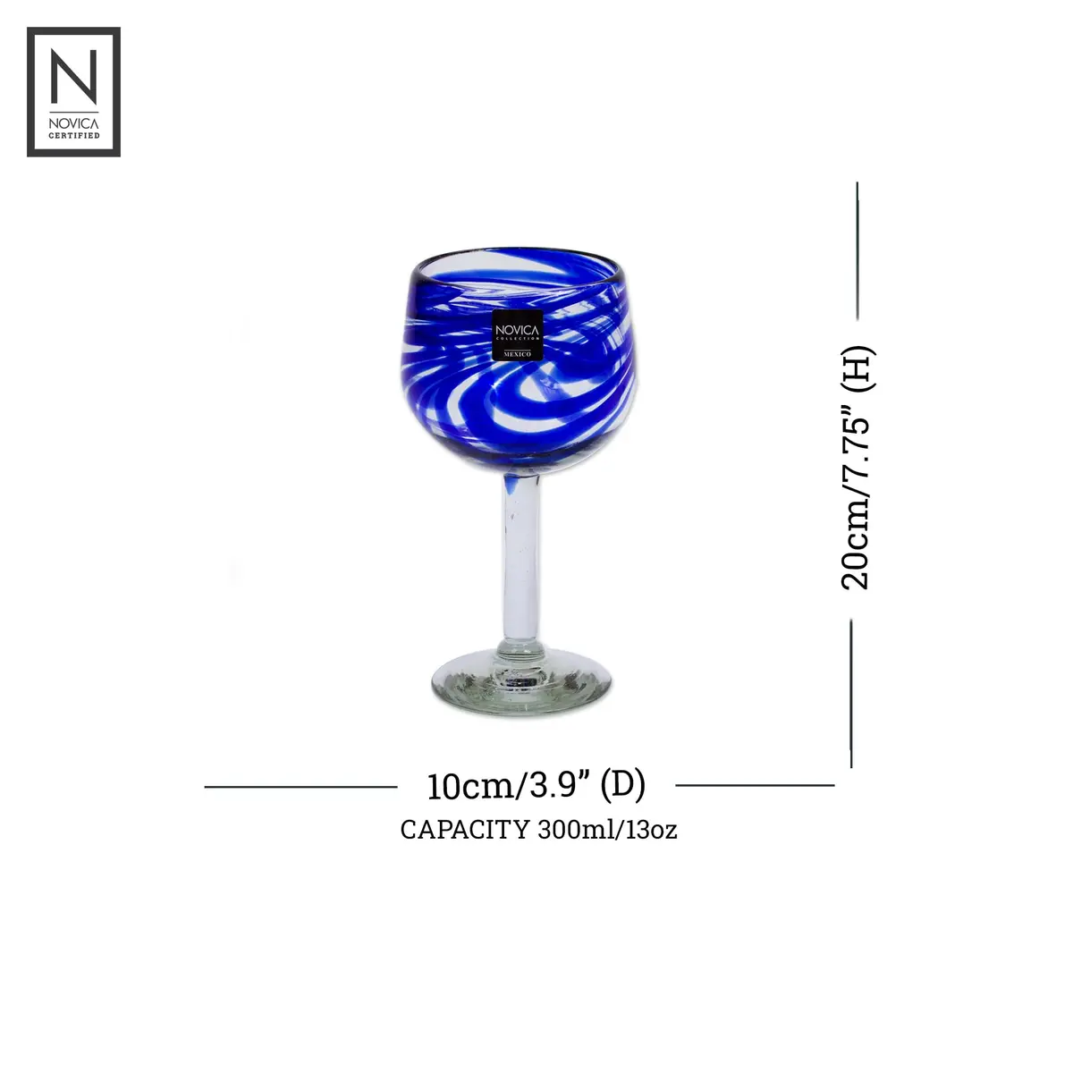 NOVICA Hand Blown Blue Swirl Recycled Glass Wine Glasses,11 Oz 'Blue Ribbon' (Large, Set Of 6) | Unique Mexican Craftsmanship - view 4