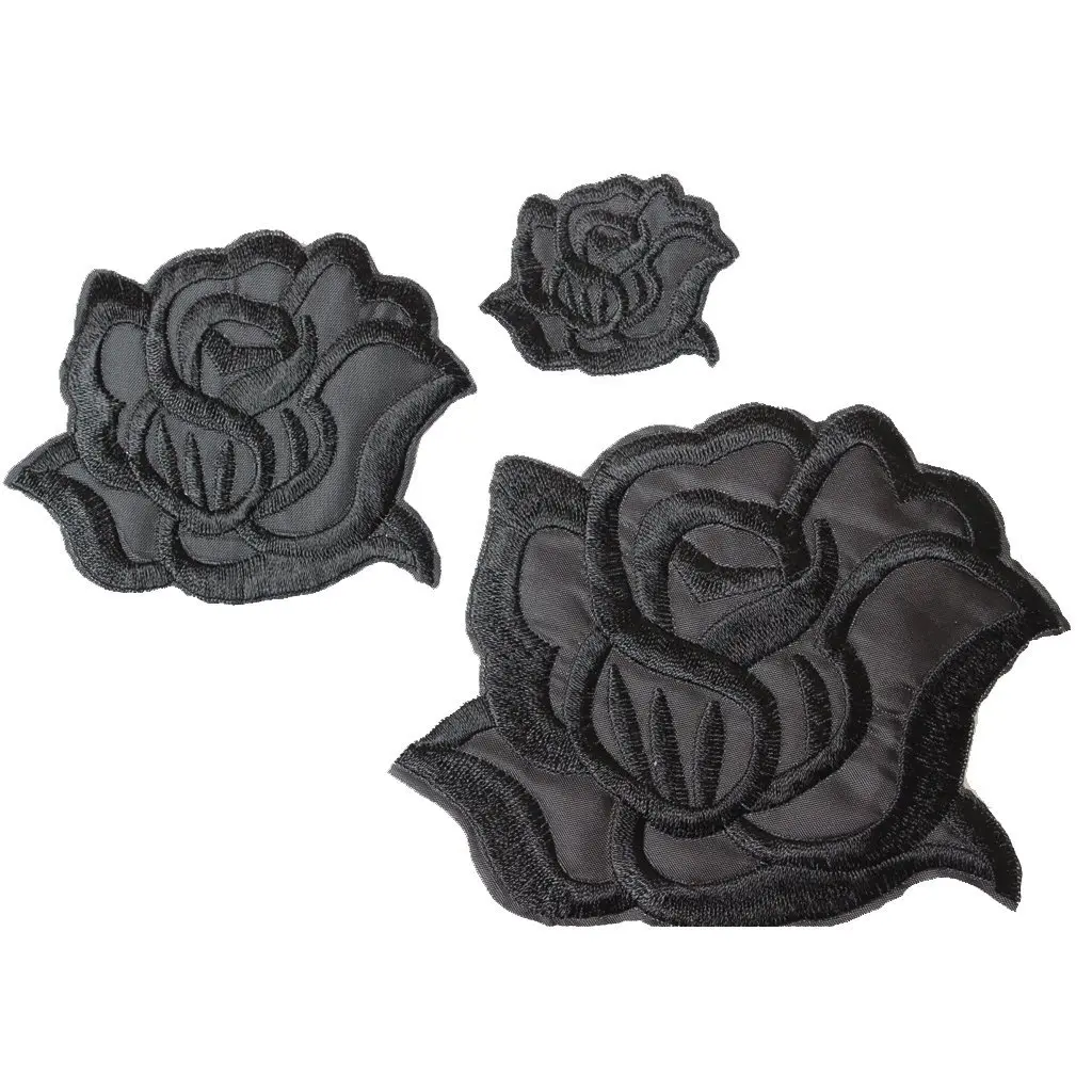 U-Sky Embroidered Patch Set | Classic Black Rose Design | DIY Fashion Accessories (4.2"x3.3"+3.1"x2.4"+1.6"x1.3") - main product image