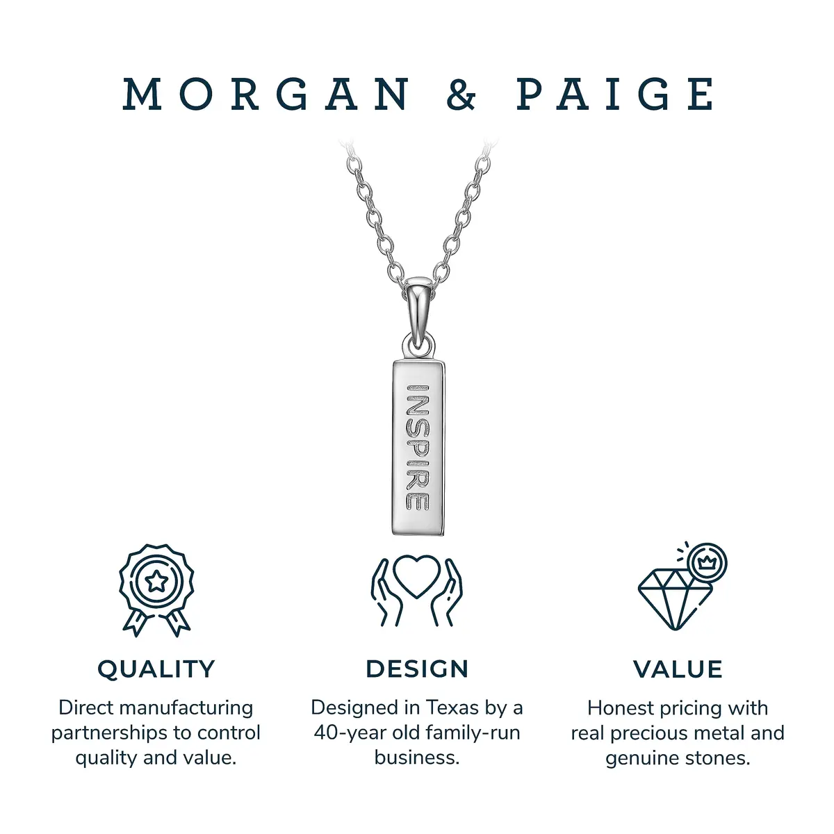 MORGAN & PAIGE .925 Sterling Silver Rhodium Plated Vertical Bar Inspire Pendant Necklace for Women - Lightweight and Dainty Sterling Silver Necklace for Women, Jewelry for Her 18 inch Rope Chain - view 5
