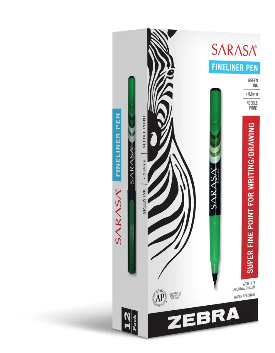 Zebra Pen Sarasa Fineliner Pen 0.8mm Green 12 Count | Smooth Ink Flow for Artists & Students - main product image