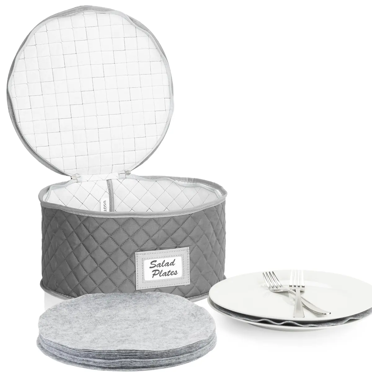 Stack Store Plus More Gray Salad Plate Storage Quilted Case | 12 Felt Dividers & Stackable Design - main product image