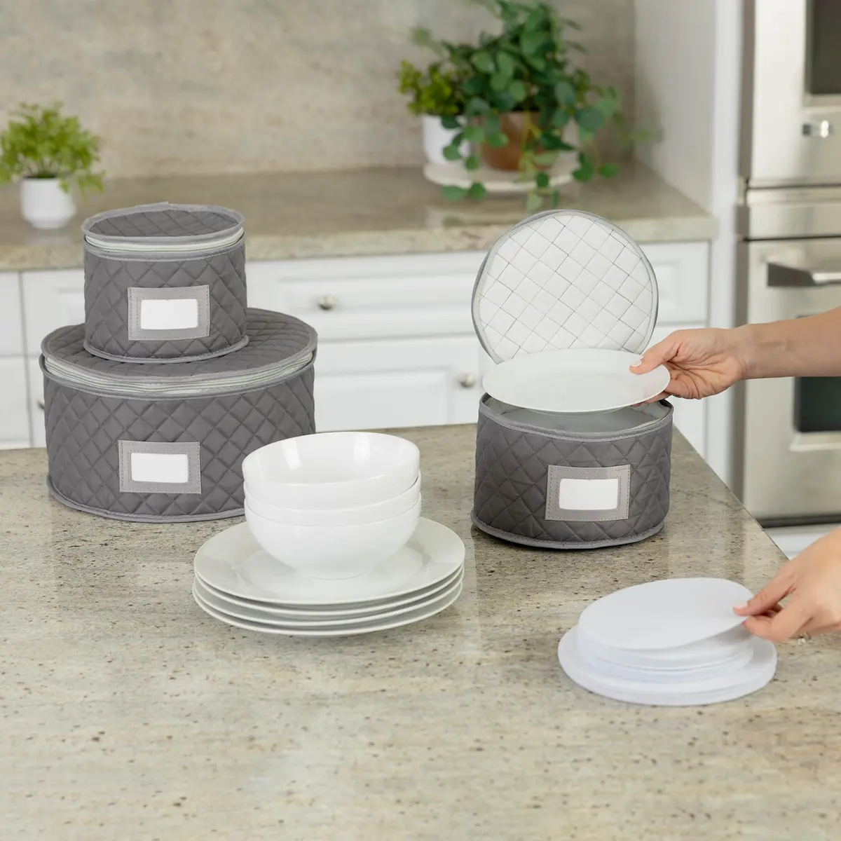 Stack Store Plus More Gray Salad Plate Storage Quilted Case | 12 Felt Dividers & Stackable Design - view 5