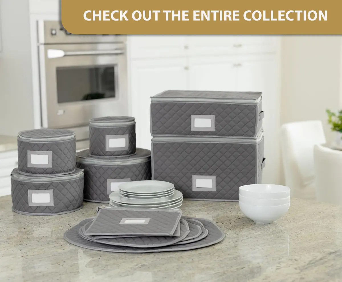 Stack Store Plus More Gray Salad Plate Storage Quilted Case | 12 Felt Dividers & Stackable Design - view 7