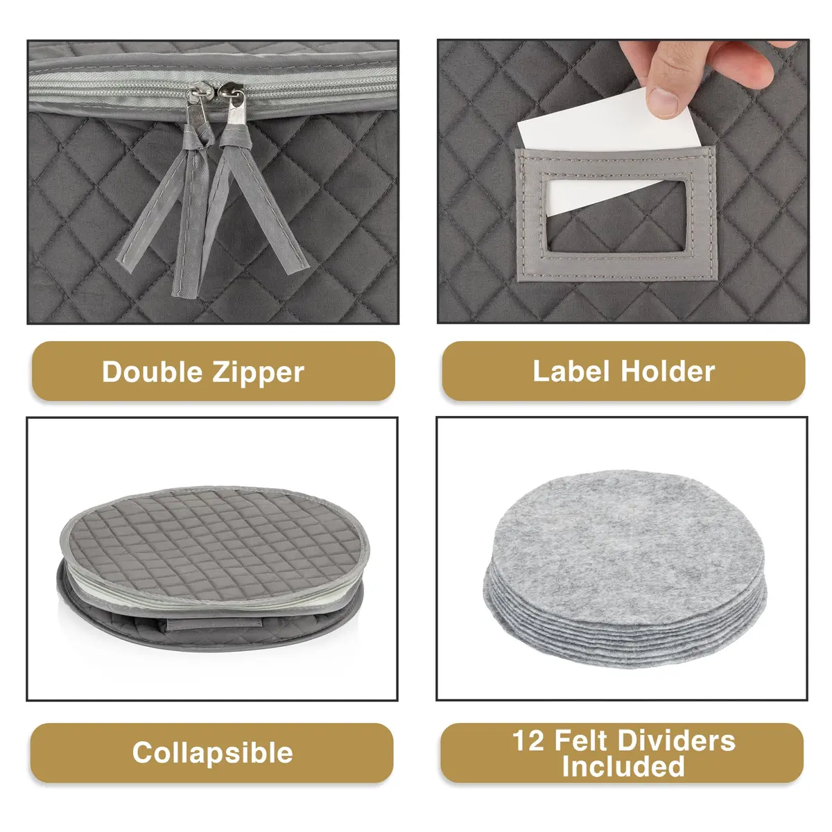 Stack Store Plus More Gray Salad Plate Storage Quilted Case | 12 Felt Dividers & Stackable Design - view 3