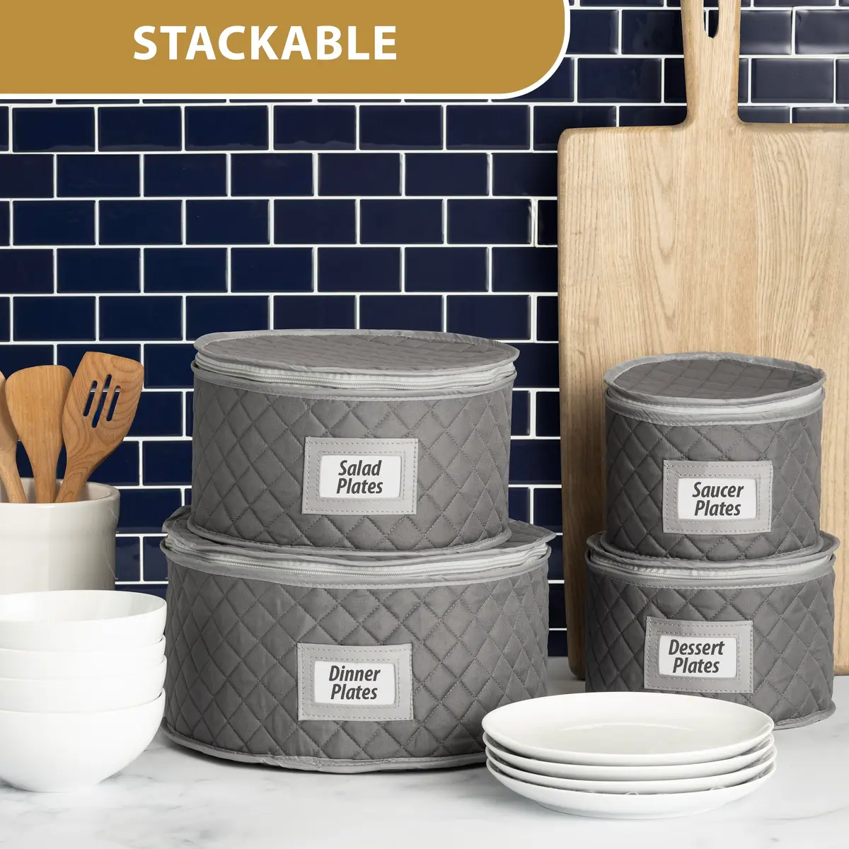 Stack Store Plus More Gray Salad Plate Storage Quilted Case | 12 Felt Dividers & Stackable Design - view 4