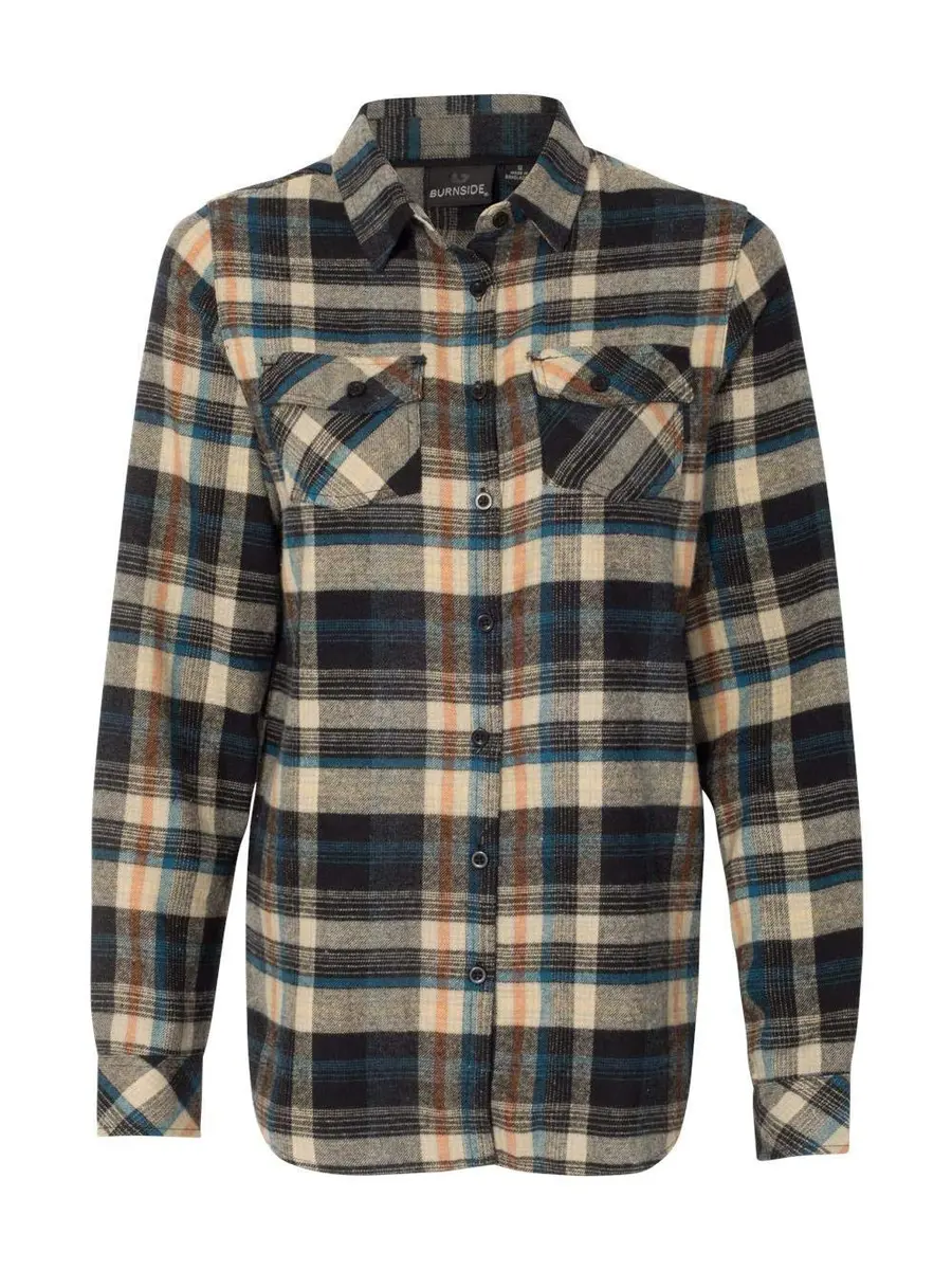 Burnside Ladies' Plaid Boyfriend Flannel Shirt 3XL Dark Khaki | Casual Women’s Flannel with Drop Tail Hem - main product image