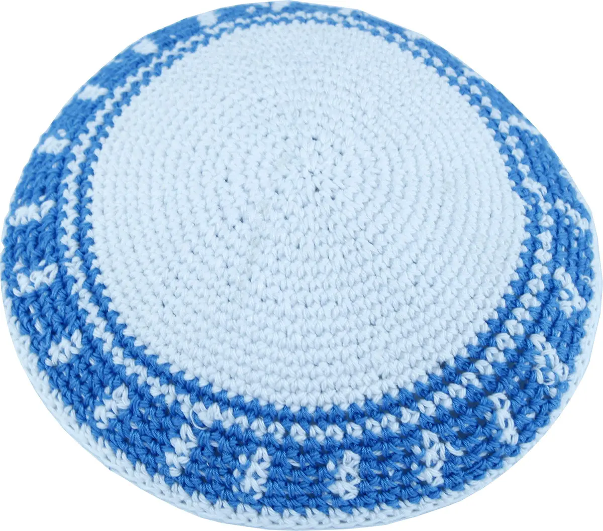 Holy Land Market Men's White/Sky Blue Cotton Knitted Jewish Kippah Hat - Torah Chabad Cap | 17cm Adjustable Breathable Cotton - main product image