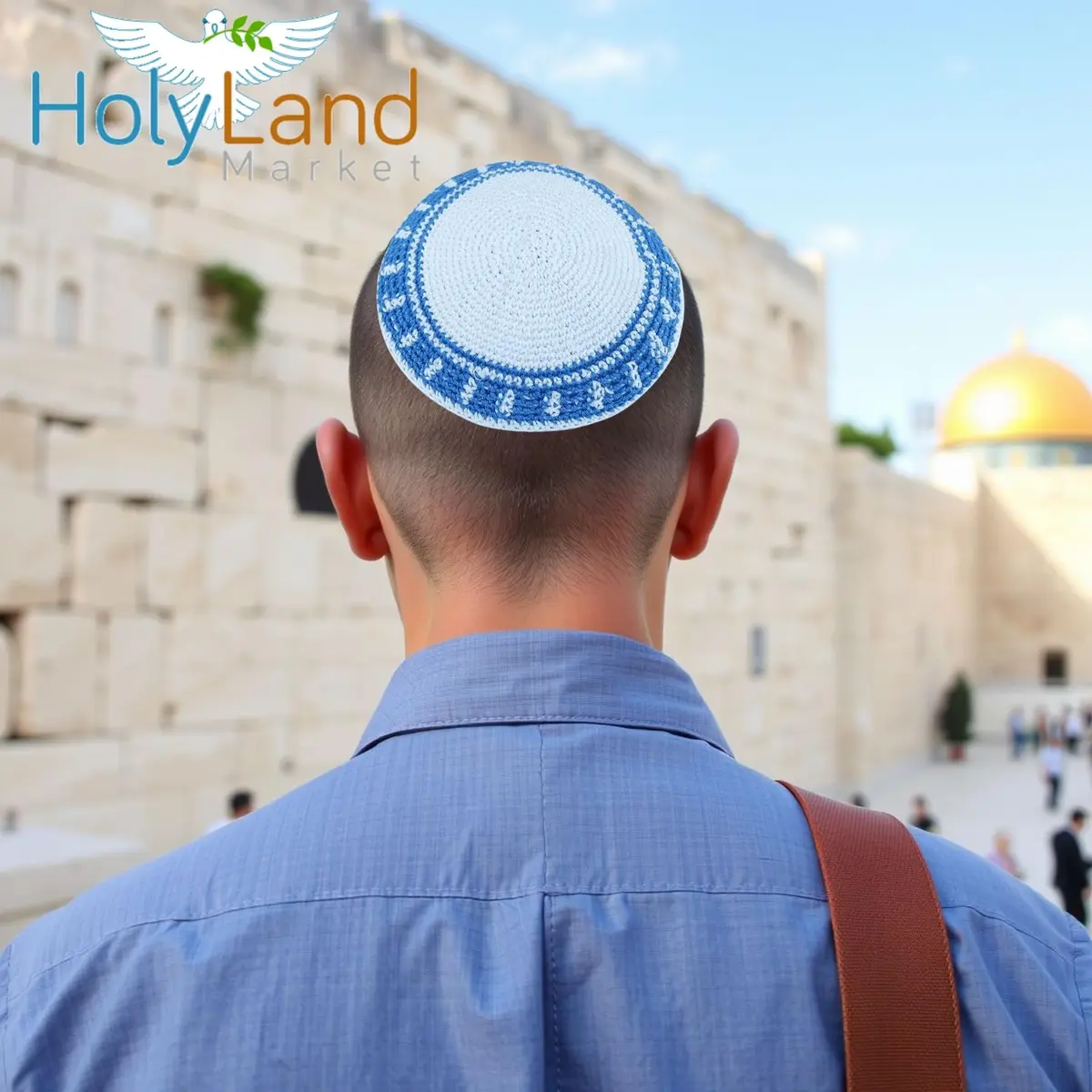 Holy Land Market Men's White/Sky Blue Cotton Knitted Jewish Kippah Hat - Torah Chabad Cap | 17cm Adjustable Breathable Cotton - view 2