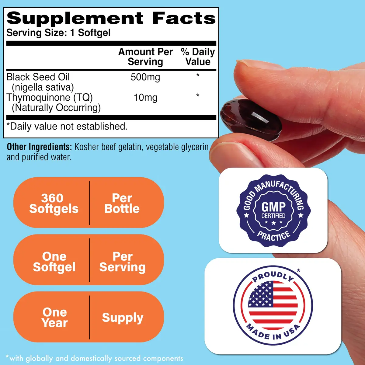 Health Thru Nutrition Black Seed Oil 500mg | High Potency 2% Thymoquinone | 360 Softgels | Unflavored - view 2