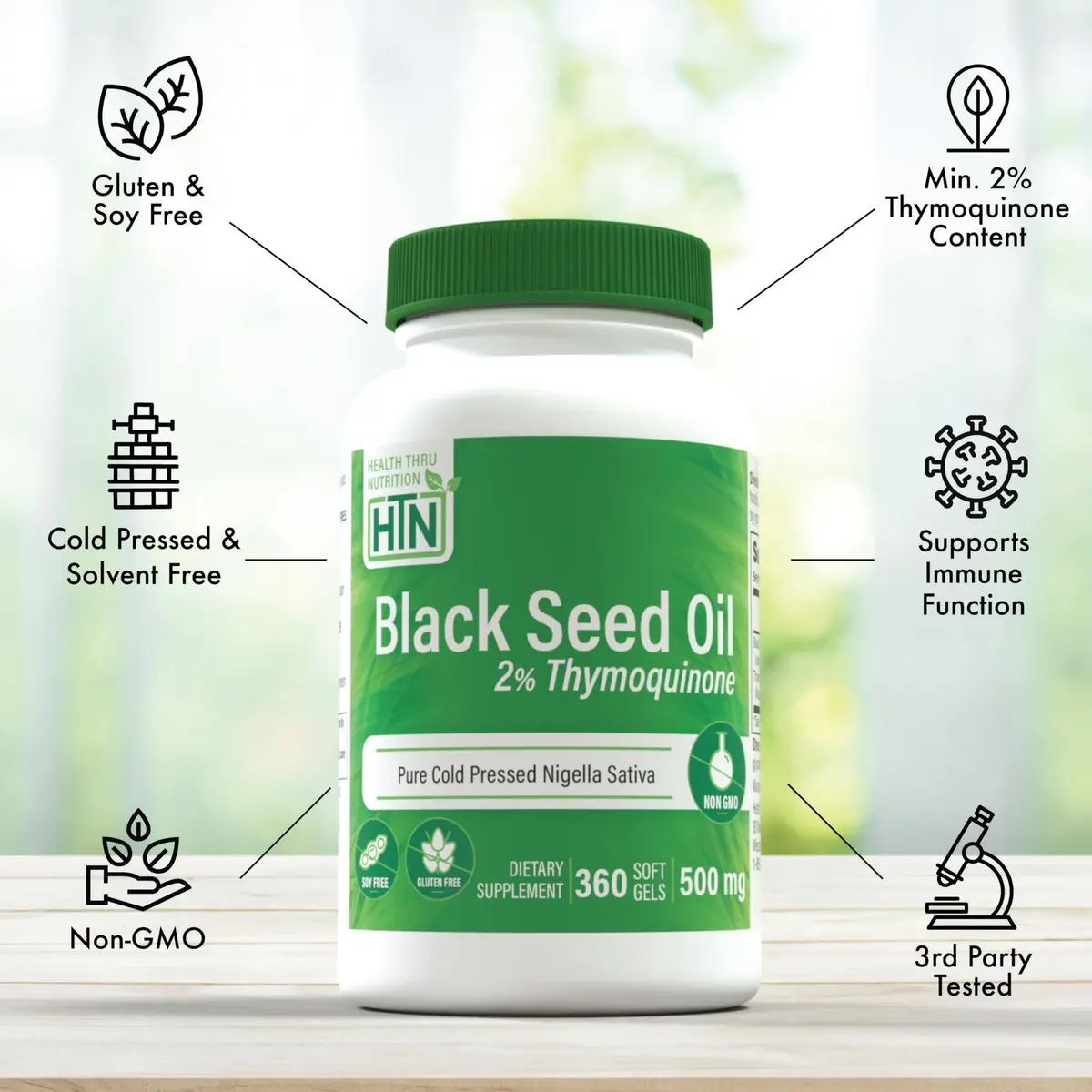 Health Thru Nutrition Black Seed Oil 500mg | High Potency 2% Thymoquinone | 360 Softgels | Unflavored - view 4