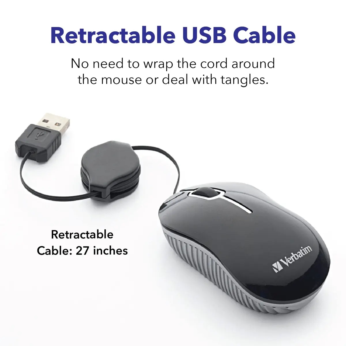 Verbatim Mini Travel Optical Mouse, USB-A, Retractable Cable, Black | Smooth, Precise Tracking for Everyday Use - view 3