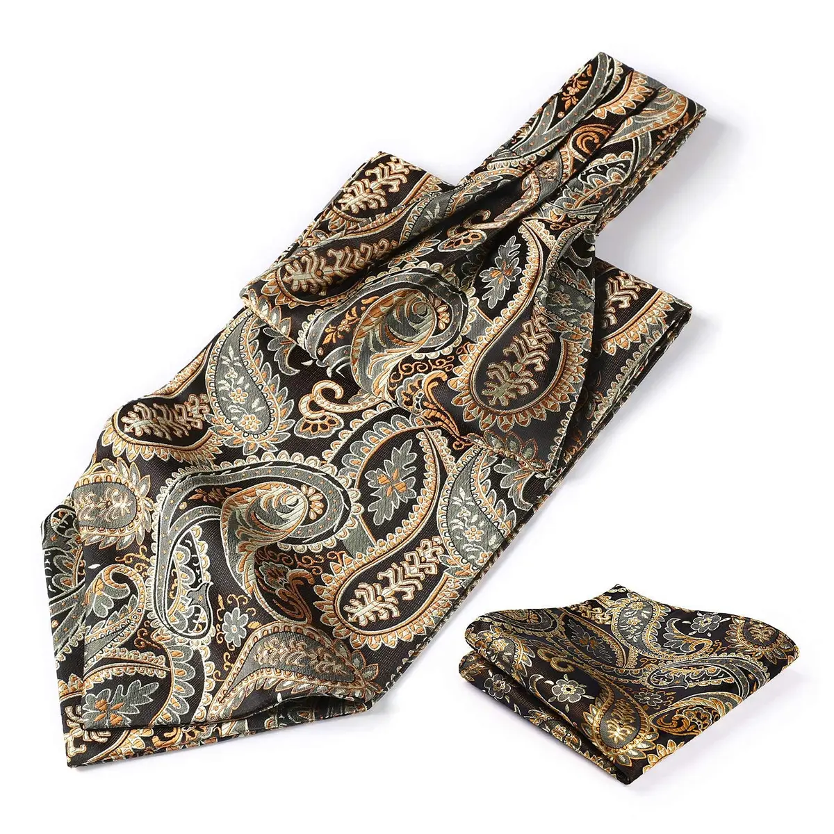 HISDERN Gold Cravat for Men and Pocket Square Set Paisely Ascot Tie Mens Ascot Scarf Handkerchief Wedding | Elegant Jacquard Silk - main product image