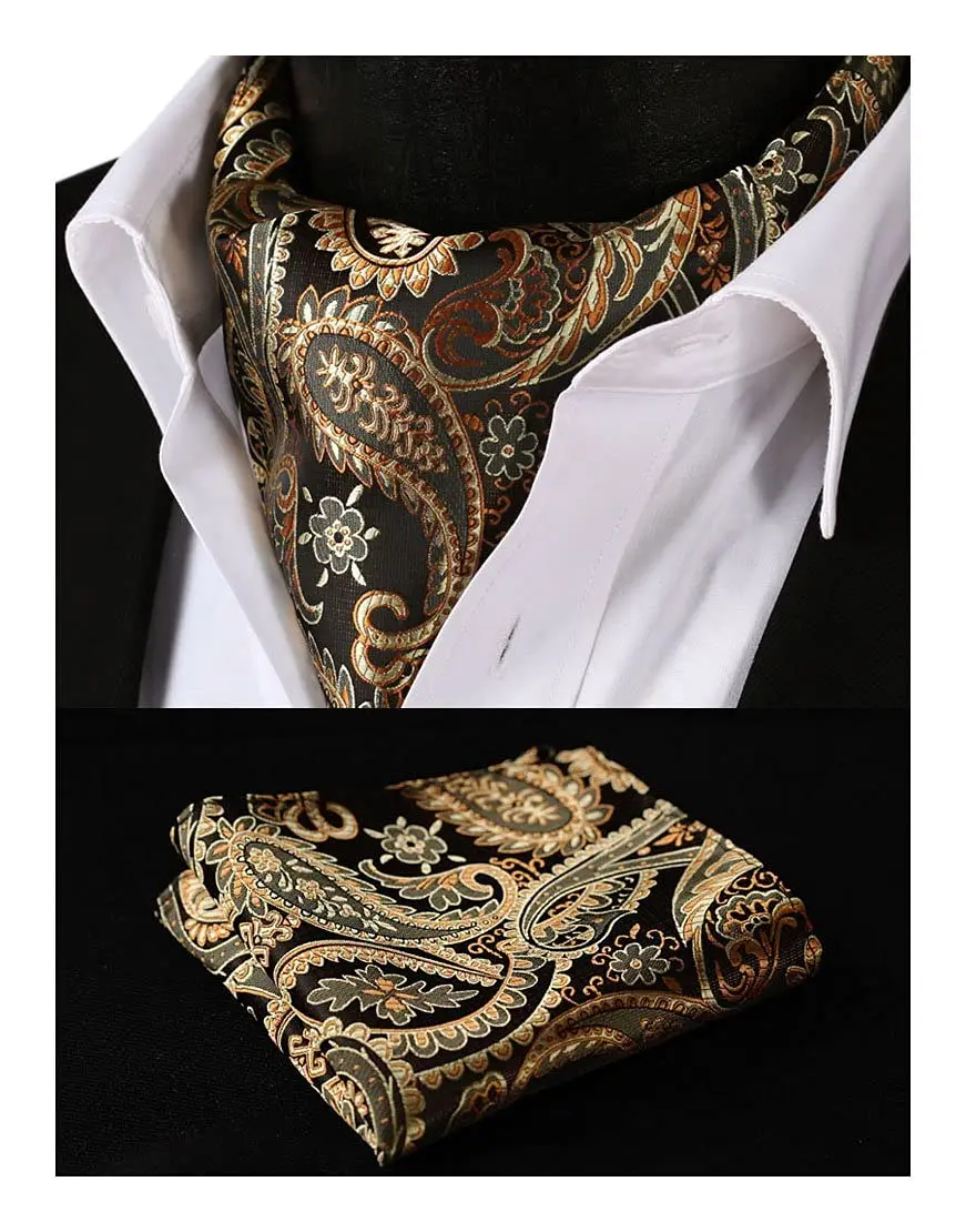 HISDERN Gold Cravat for Men and Pocket Square Set Paisely Ascot Tie Mens Ascot Scarf Handkerchief Wedding | Elegant Jacquard Silk - view 2