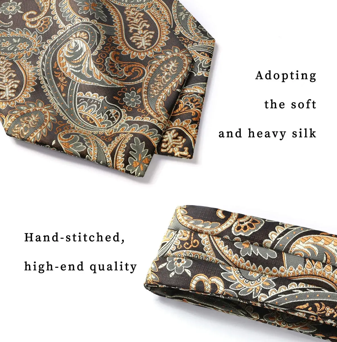 HISDERN Gold Cravat for Men and Pocket Square Set Paisely Ascot Tie Mens Ascot Scarf Handkerchief Wedding | Elegant Jacquard Silk - view 3